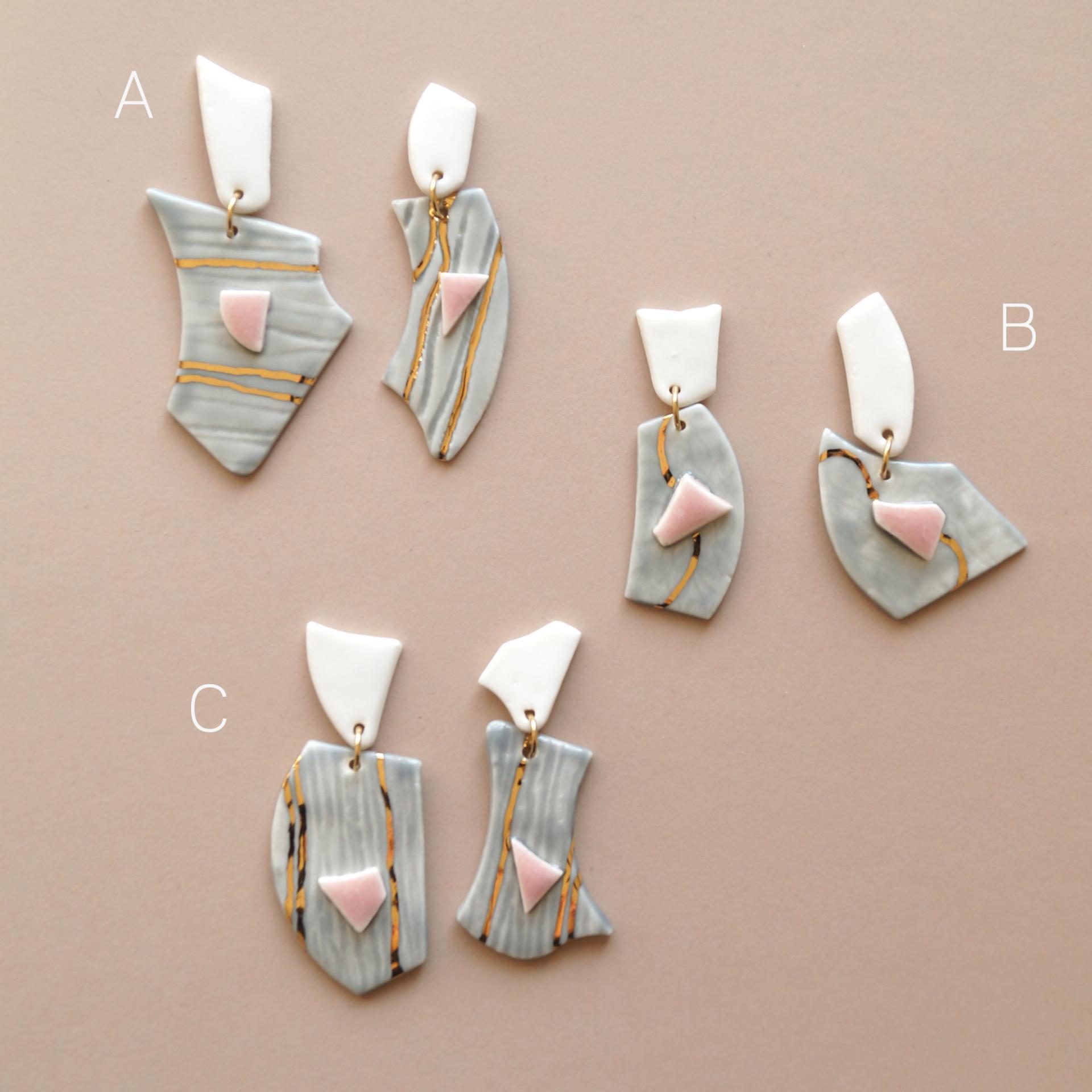 No5, TERRAZZO earrings, mis-matched earrings, gold white porcelain earrings, statement earrings, stainless steel pins, 24 car