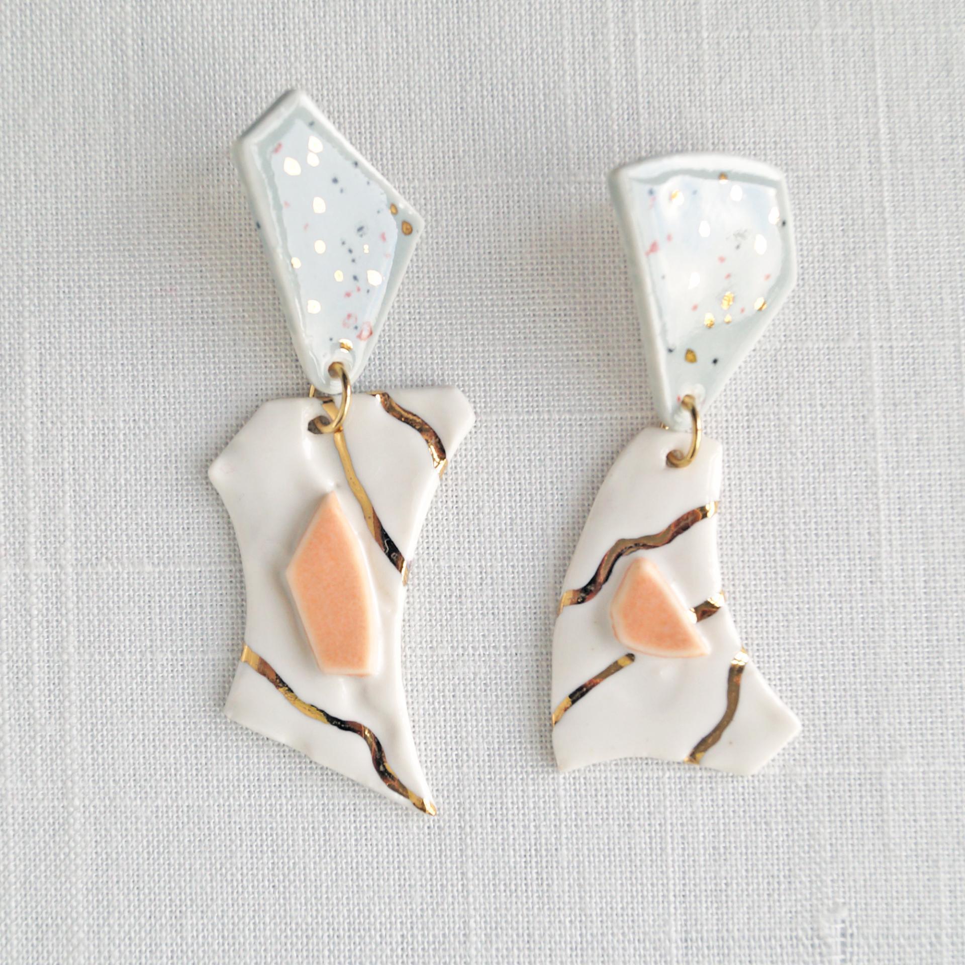 No3, TERRAZZO inspired, mis-matched earrings, porcelain, gold, TERRAZZO earrings, grey, citrus, gold white porcelain earrings