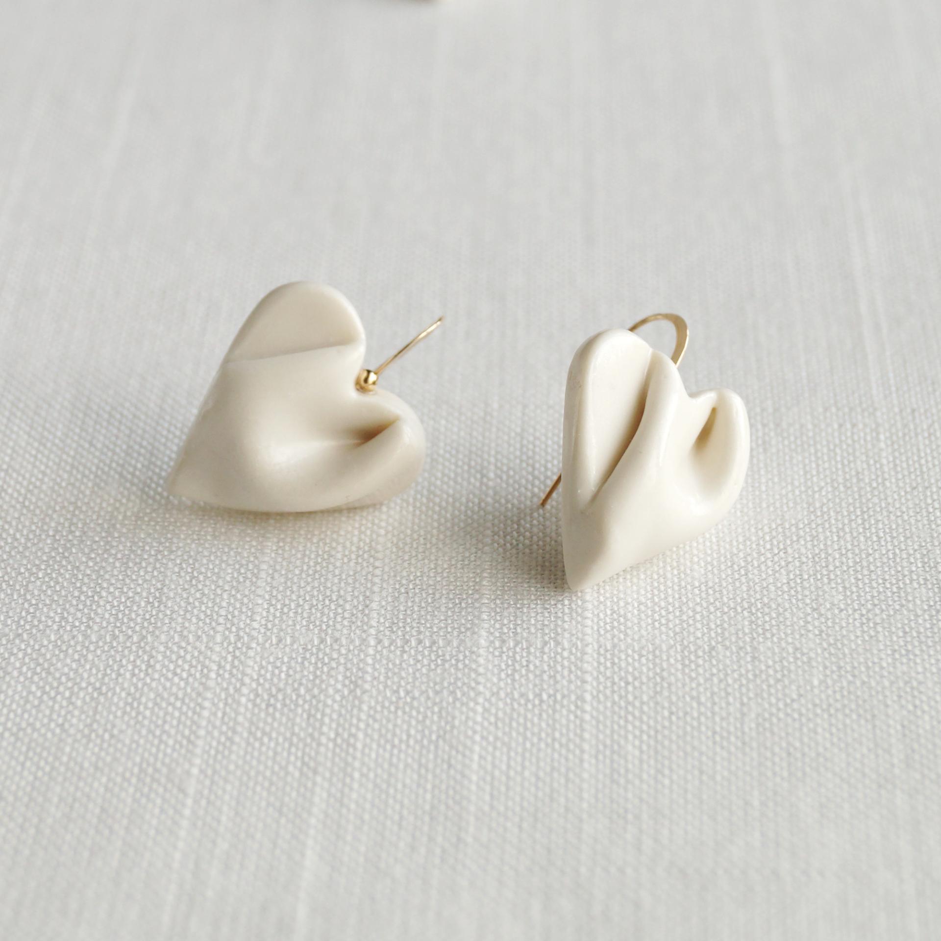 Draped heart earrings, gold fill wires, satin white glaze, pierced ears, 18th wedding anniversary gift, Valentine's day gift,