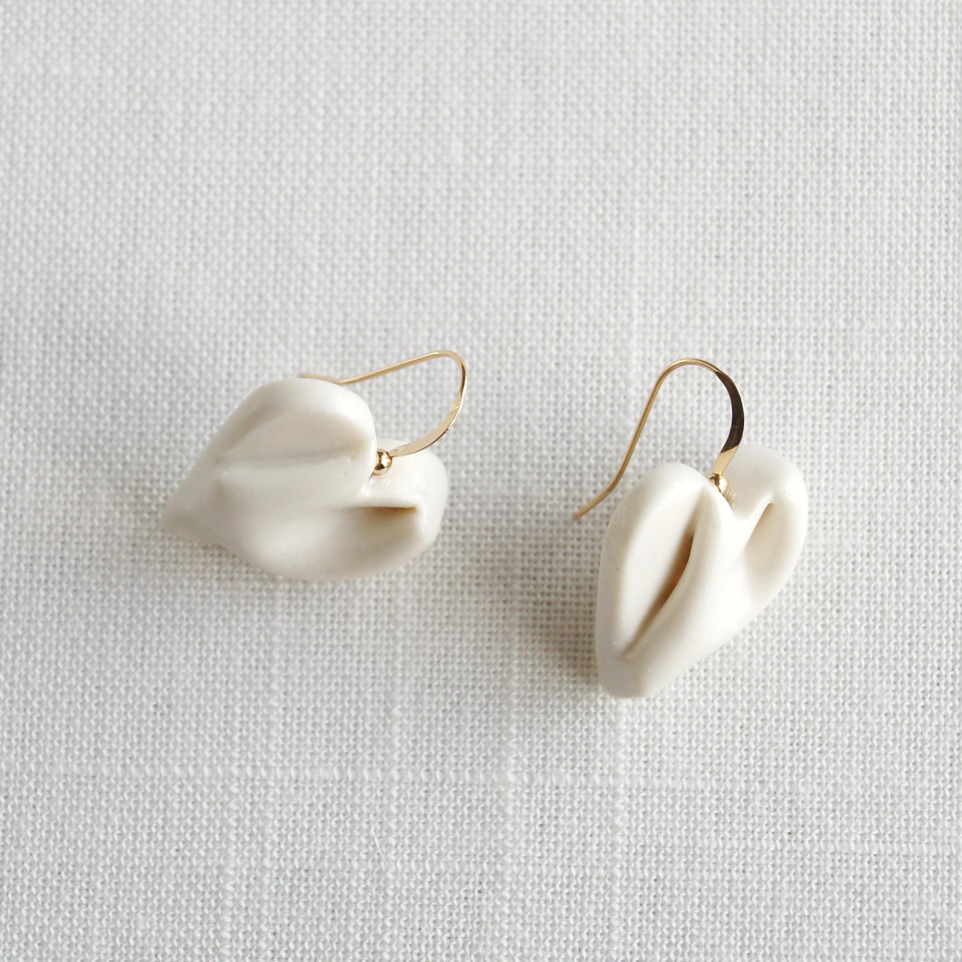Draped heart earrings, gold fill wires, satin white glaze, pierced ears, 18th wedding anniversary gift, Valentine's day gift,