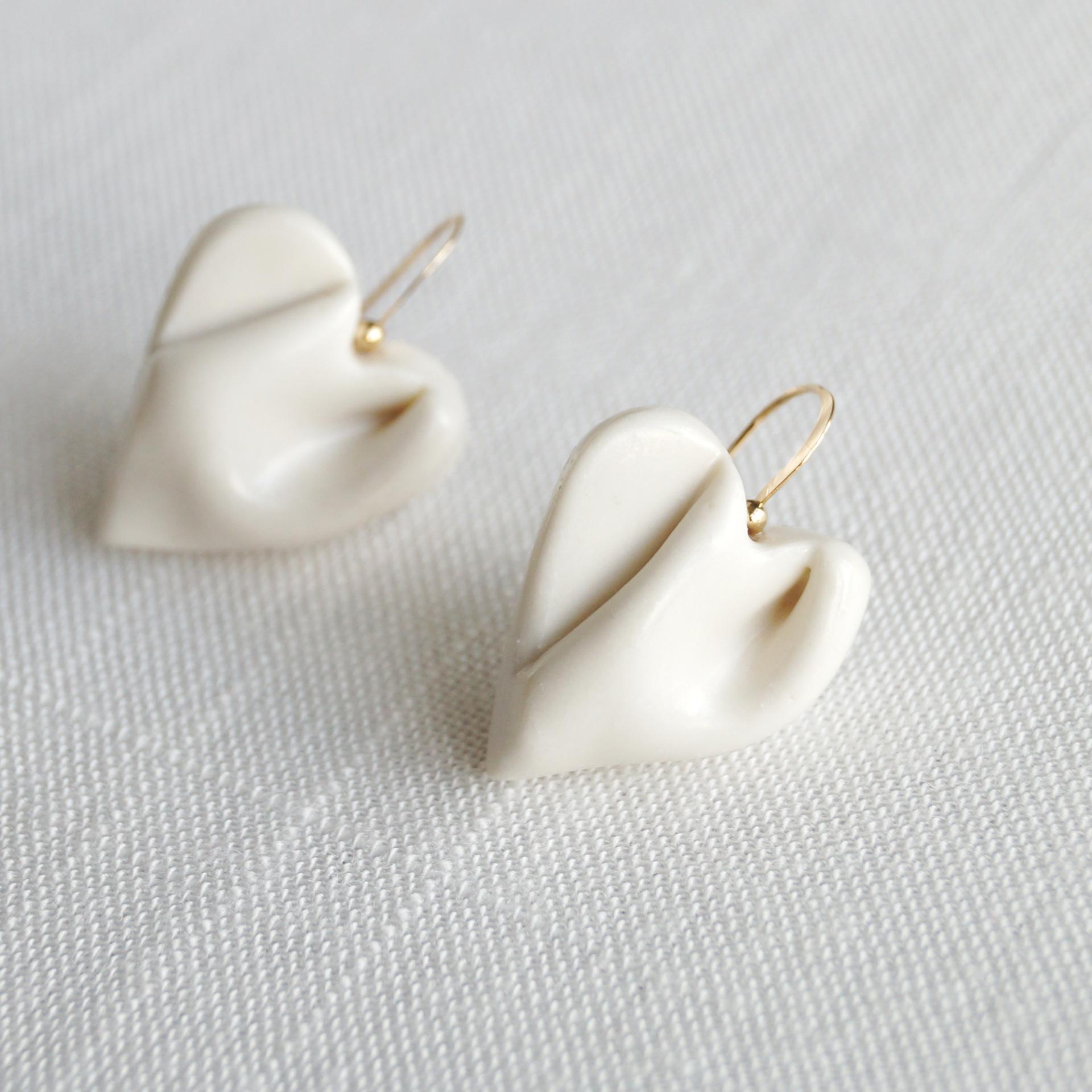 Draped heart earrings, gold fill wires, satin white glaze, pierced ears, 18th wedding anniversary gift, Valentine's day gift,