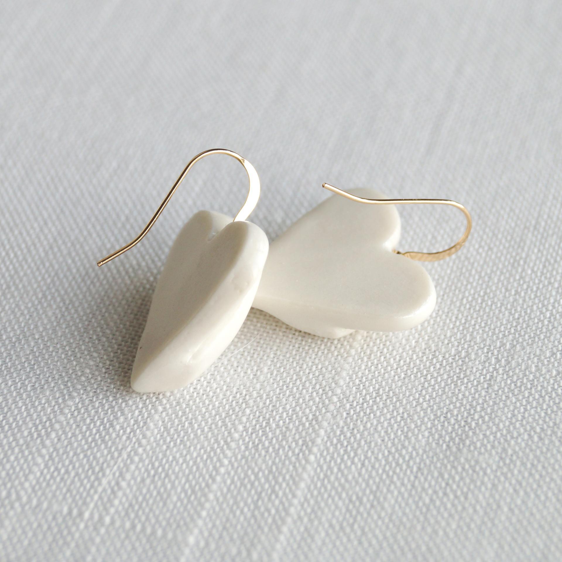 Draped heart earrings, gold fill wires, satin white glaze, pierced ears, 18th wedding anniversary gift, Valentine's day gift,