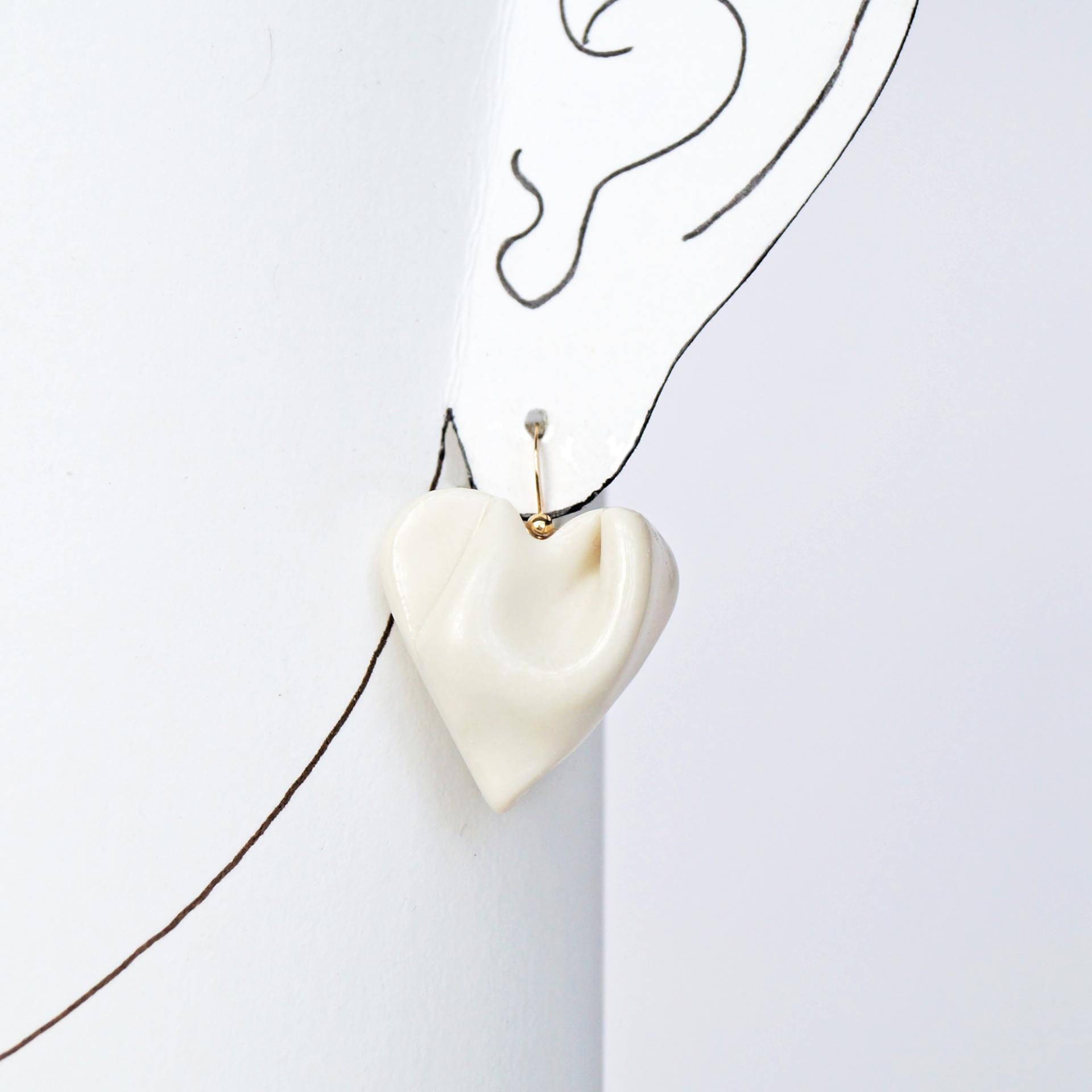 Draped heart earrings, gold fill wires, satin white glaze, pierced ears, 18th wedding anniversary gift, Valentine's day gift,