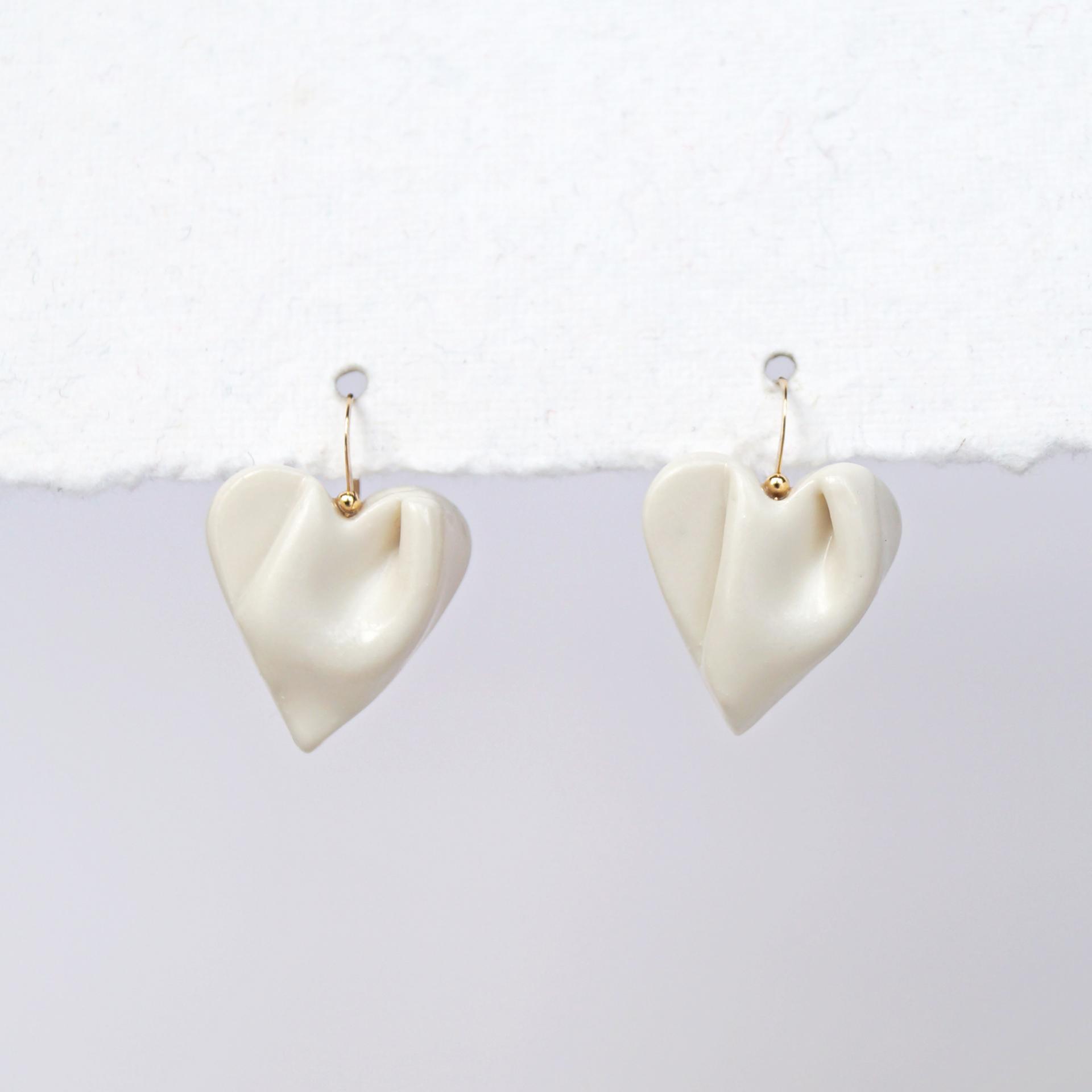 Draped heart earrings, gold fill wires, satin white glaze, pierced ears, 18th wedding anniversary gift, Valentine's day gift,