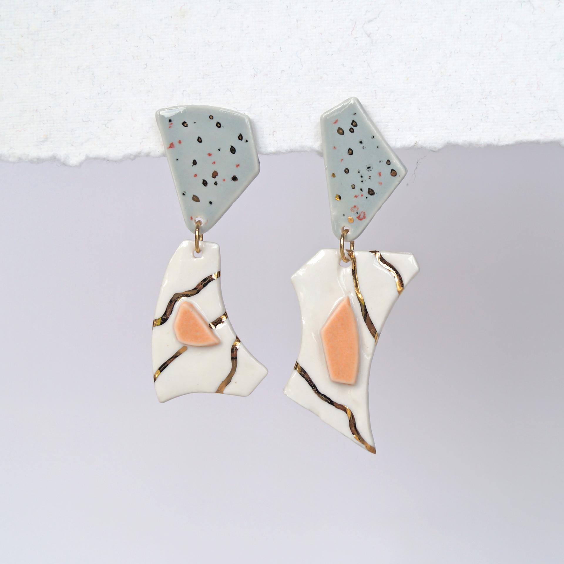 No3, TERRAZZO inspired, mis-matched earrings, porcelain, gold, TERRAZZO earrings, grey, citrus, gold white porcelain earrings