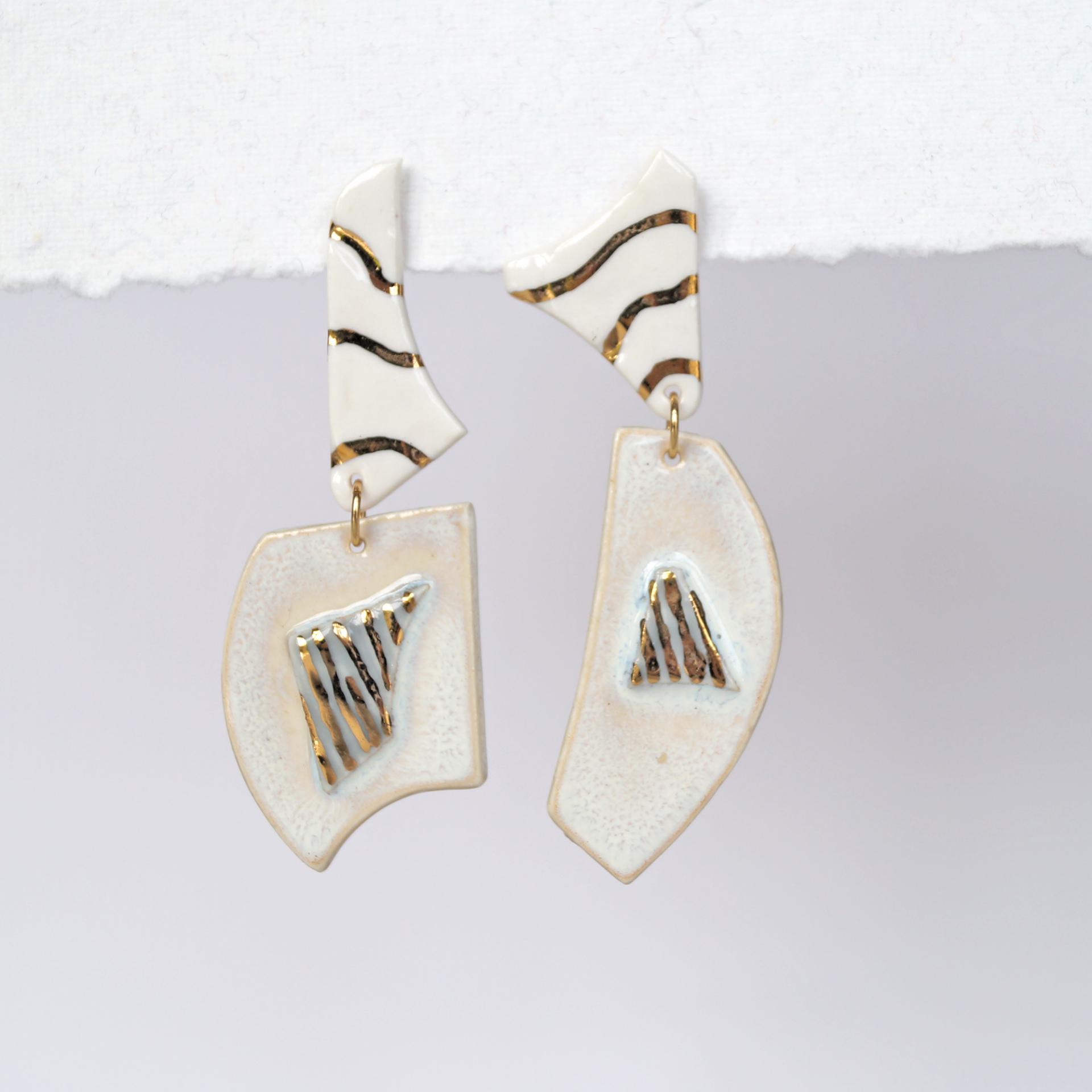 No2, TERRAZZO earrings, mis-matched earrings, porcelain, 24 carat gold, TERRAZZO inspired, mis-matched earrings, gold white p