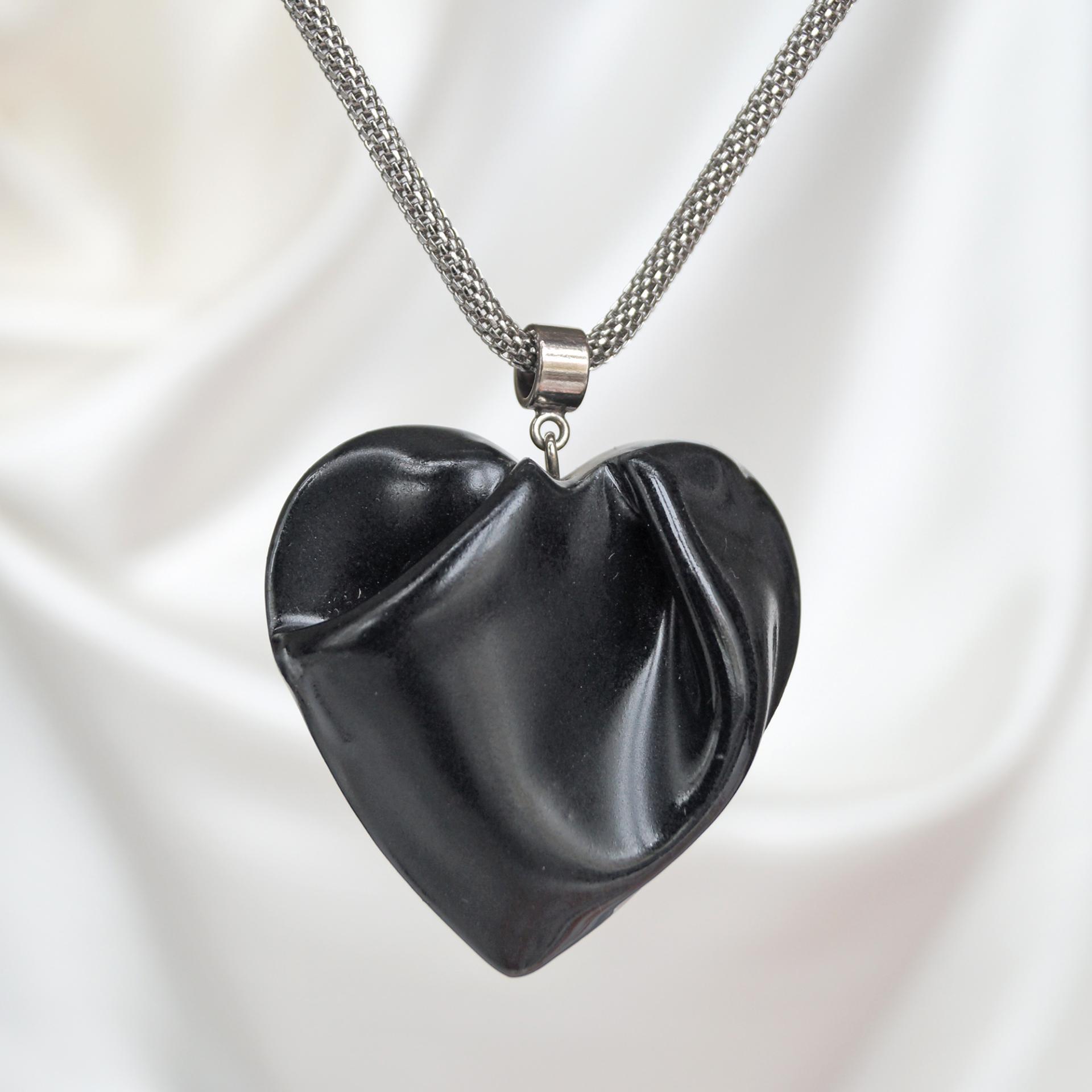 Black heart, porcelain, draped heart necklace, stainless steel, mesh chain, VanillaKiln, Valentines day, 18th anniversary,
