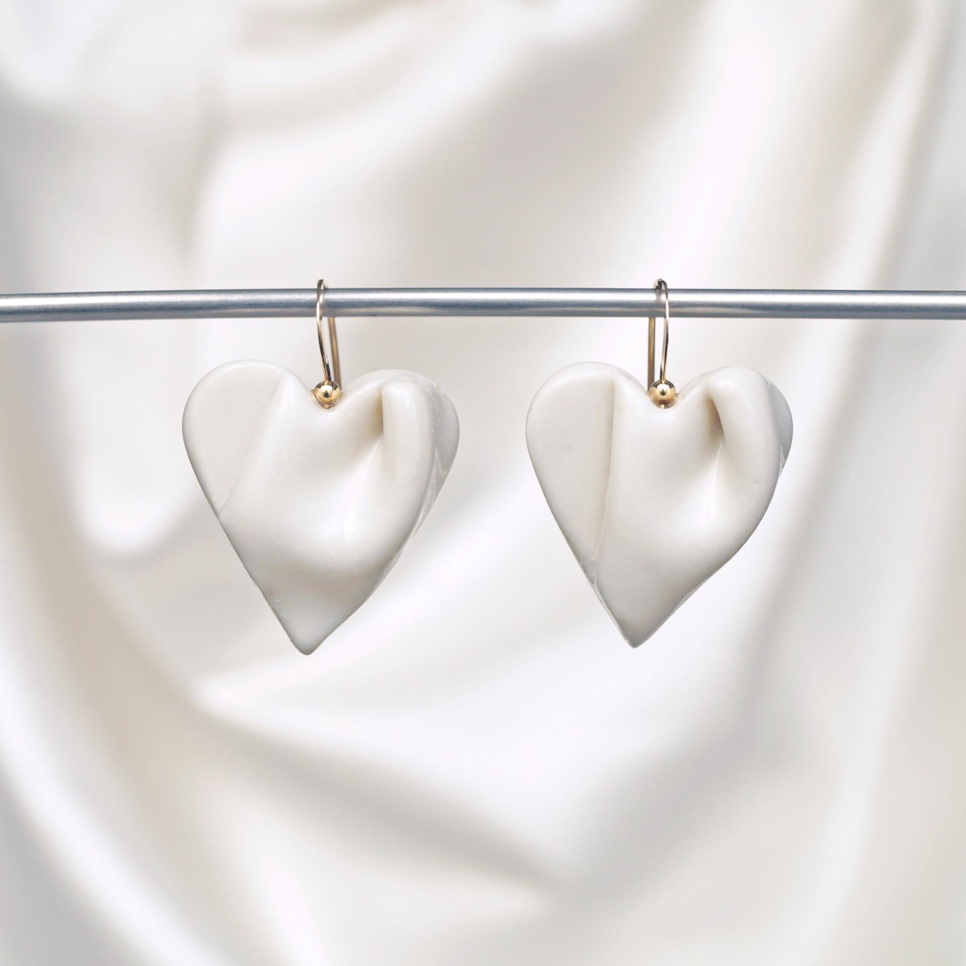 Draped heart earrings, gold fill wires, satin white glaze, pierced ears, 18th wedding anniversary gift, Valentine's day gift,