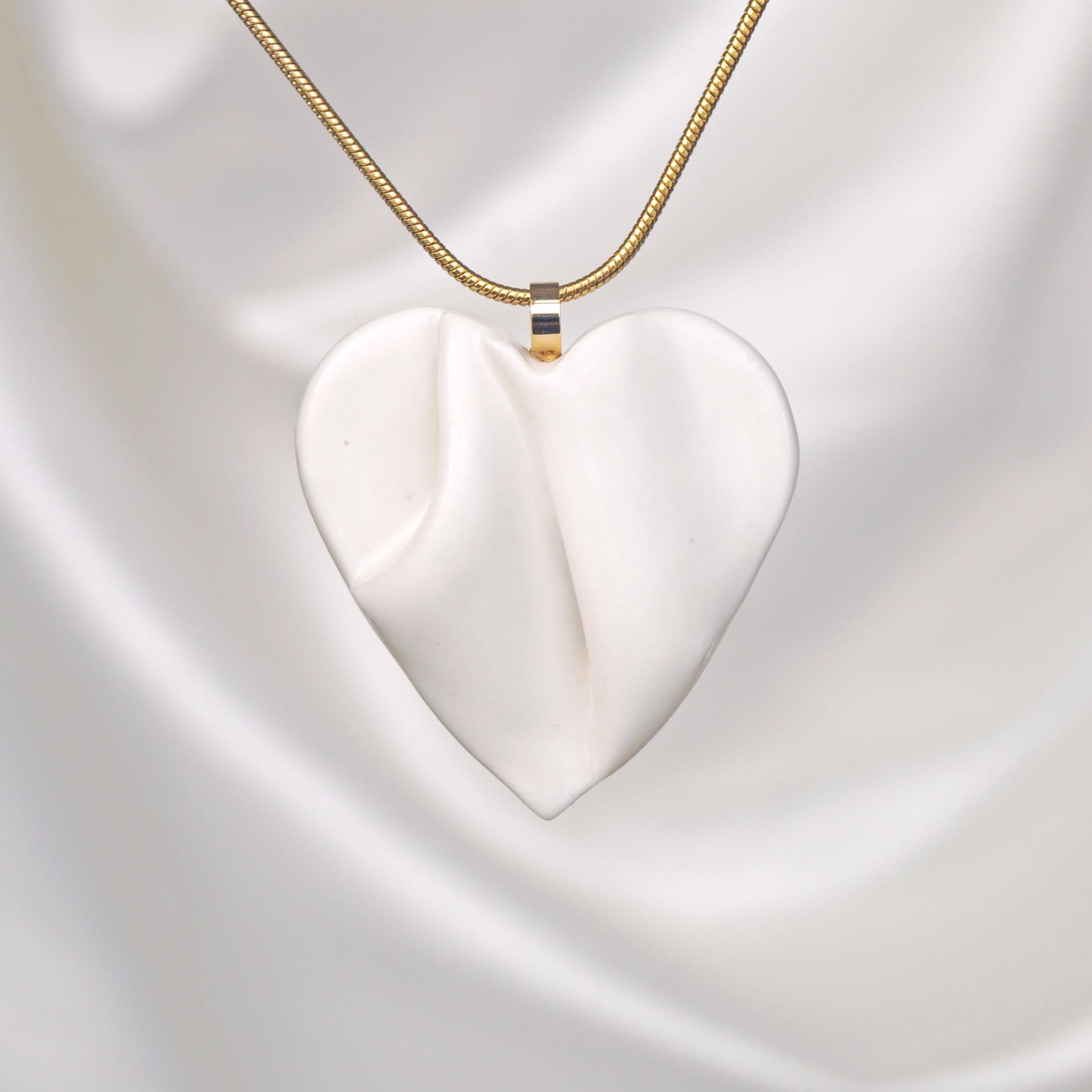 Draped porcelain HEART necklace, medium white porcelain heart, gold, stainless steel snake chain, Bride necklace, white satin