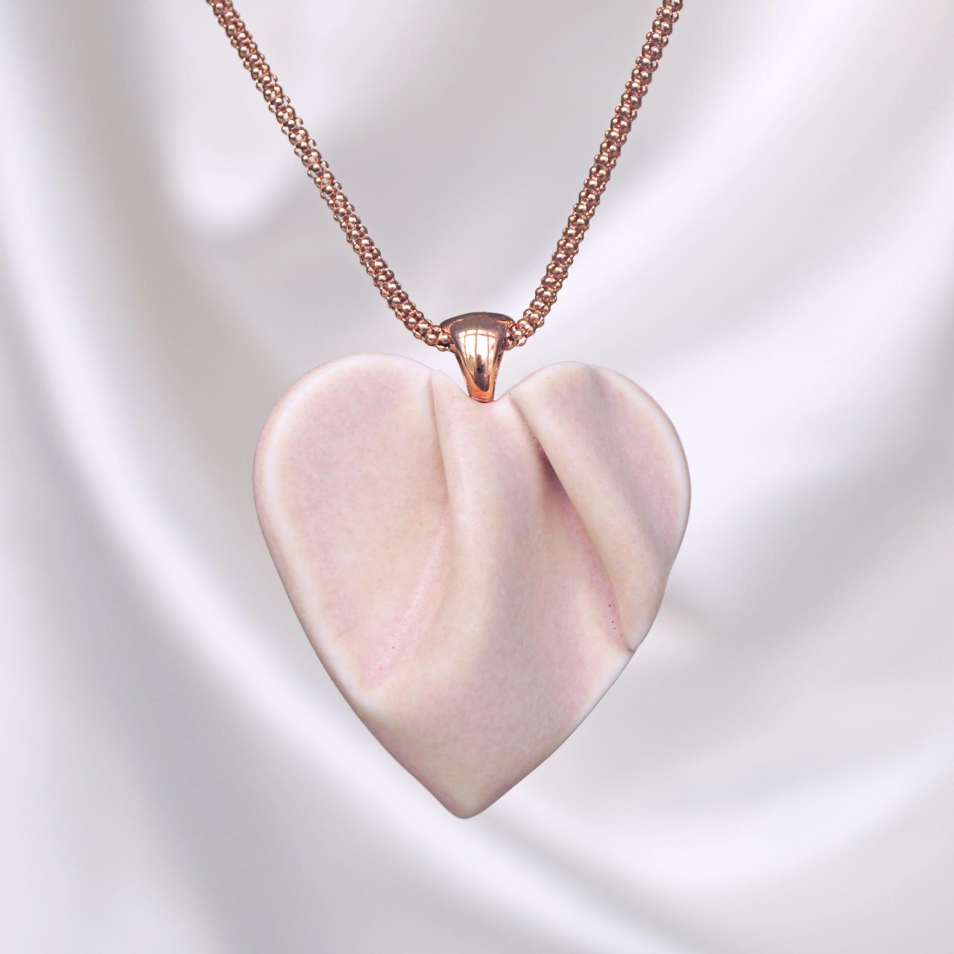 DRAPED heart necklace, medium pink porcelain, choose rose gold chain