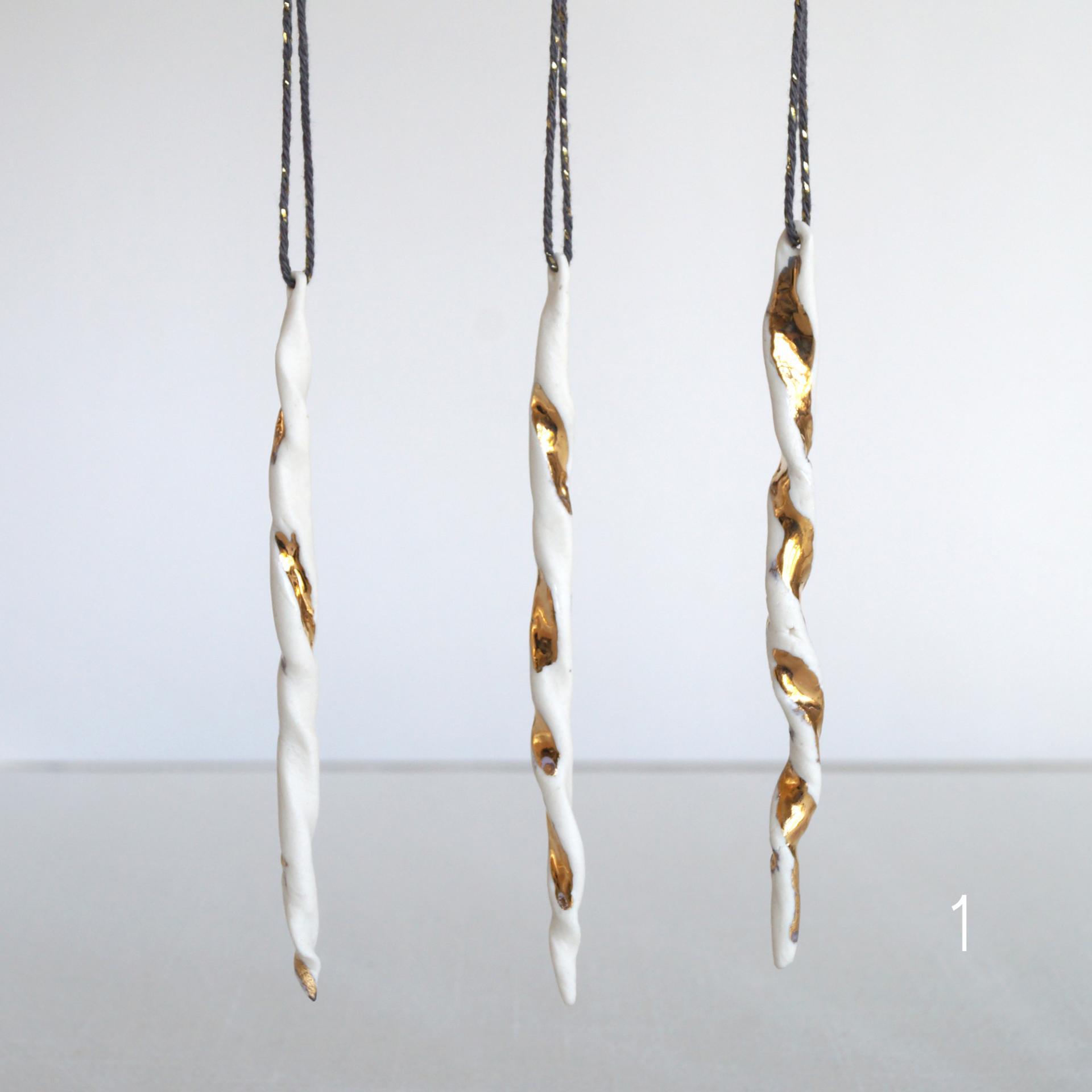 Christmas tree TWISTS, white porcelain, gold lustre, Christmas, tree decorations set, dark grey, speckled gold, grey cord, ha