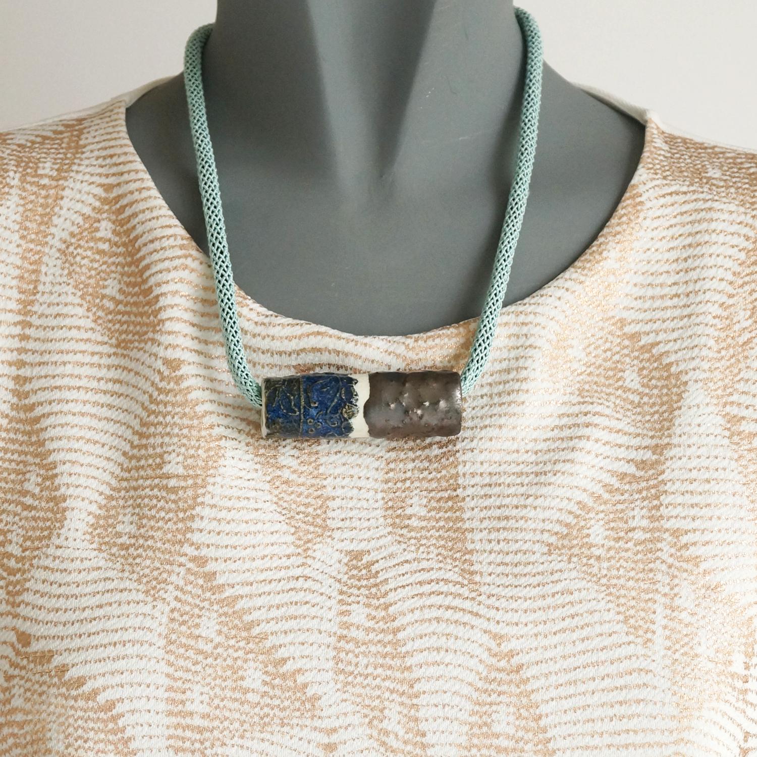 LACE focal bead necklace, porcelain, aqua silk braid