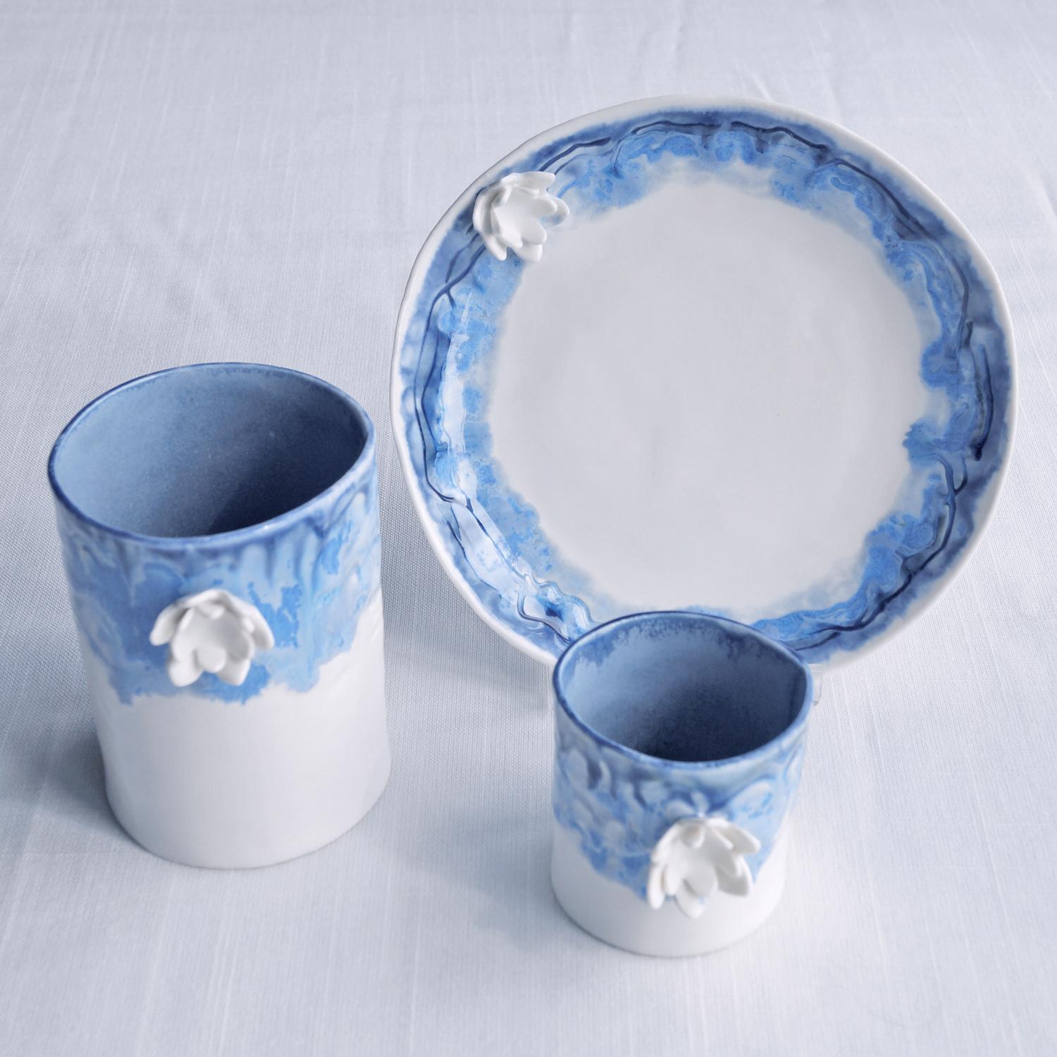 Water lily bathroom set, three piece set, bathroom accessories set, ceramic cup, porcelain tumbler, ceramic tumbler, blue white porcelain, reactive glaze, toothbrush holder, water cup, white porcelain cup, blue ceramic tumbler, ceramic toothbrush holder, 