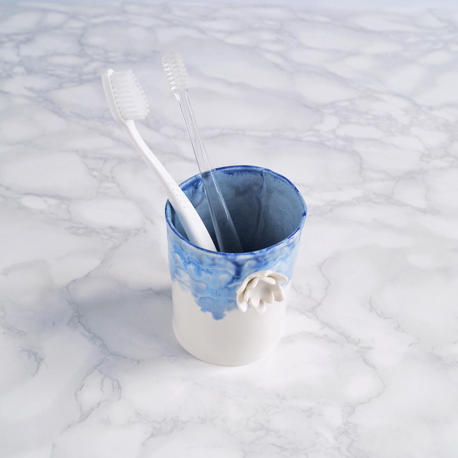 Water lily bathroom set, three piece set, bathroom accessories set, ceramic cup, porcelain tumbler, ceramic tumbler, blue white porcelain, reactive glaze, toothbrush holder, water cup, white porcelain cup, blue ceramic tumbler, ceramic toothbrush holder, 