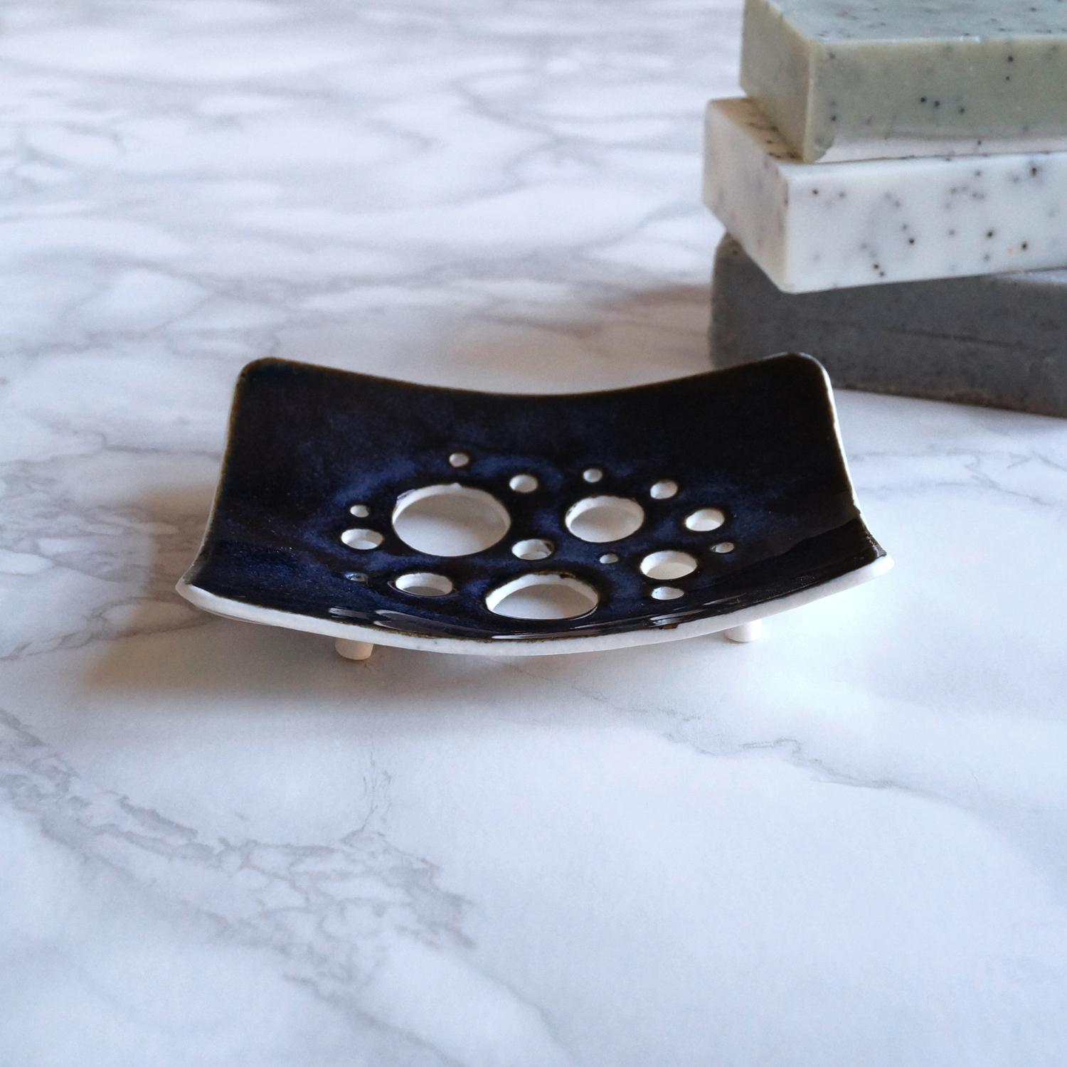 BUBBLE soap dish, white porcelain, ceramic soap dish, draining soap dish, Vanillakiln, bubble design, glaze, UK, drain holes,
