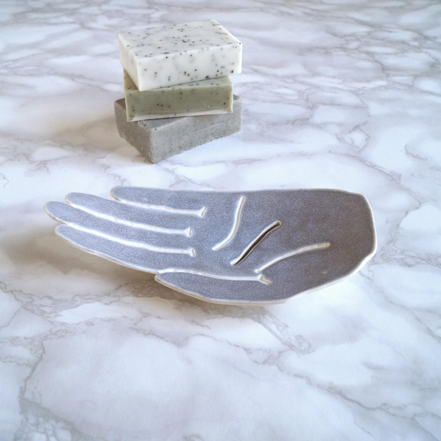 ceramic, HAND soap dish, white porcelain, blue grey, Vanillakiln, UK, porcelain hand, ceramic hand, grey soap dish,