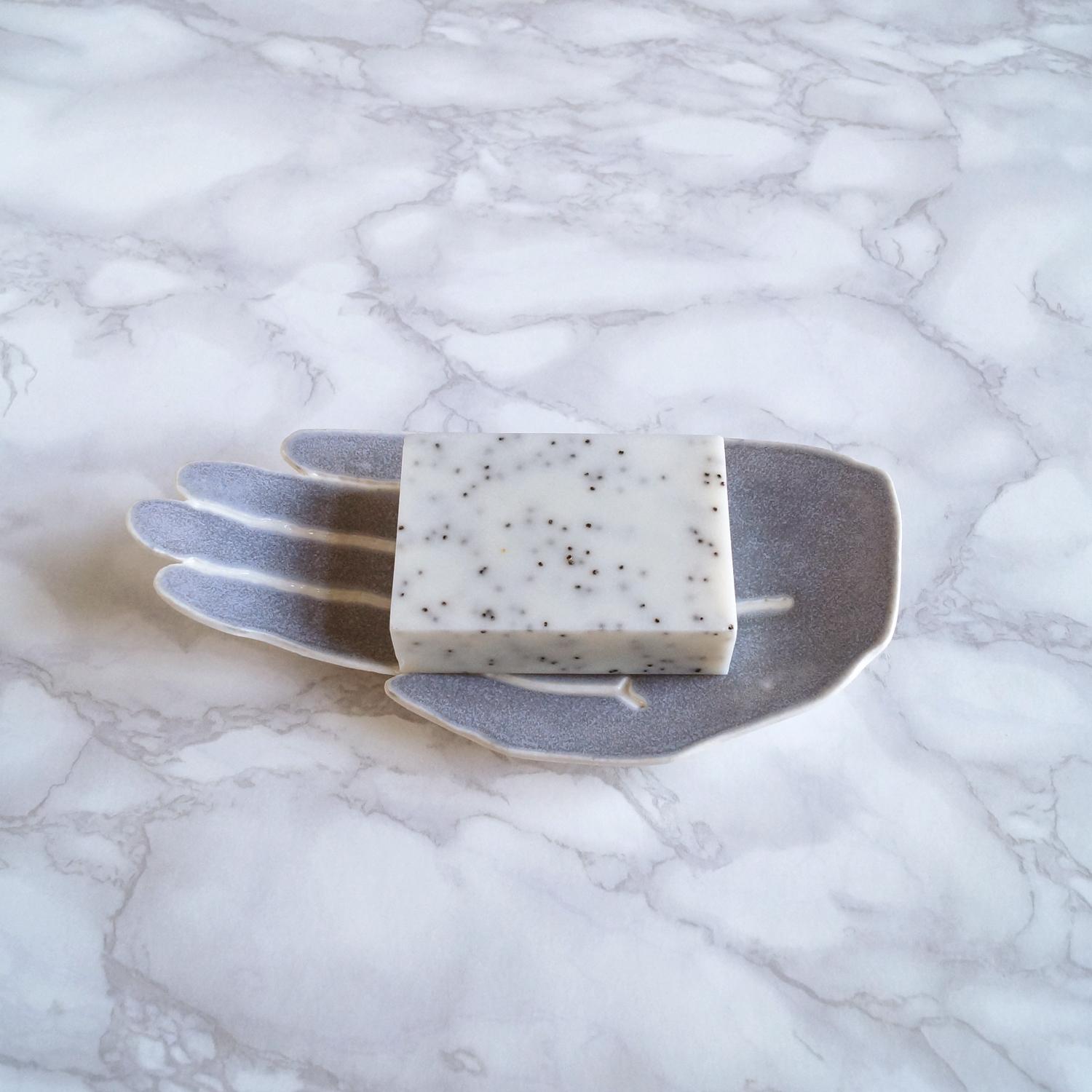 ceramic, HAND soap dish, white porcelain, blue grey, Vanillakiln, UK, porcelain hand, ceramic hand, grey soap dish,