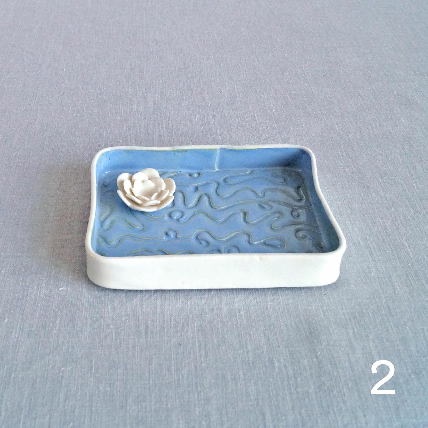 Water lily soap dish, lily pond, rectangular soap dish, jewellery dish, bathroom accessory, bathroom storage, counter top soap dish, bathroom ceramics, ceramic soap dish, porcelain soap dish, blue white porcelain, white porcelain soap dish, blue ceramic s