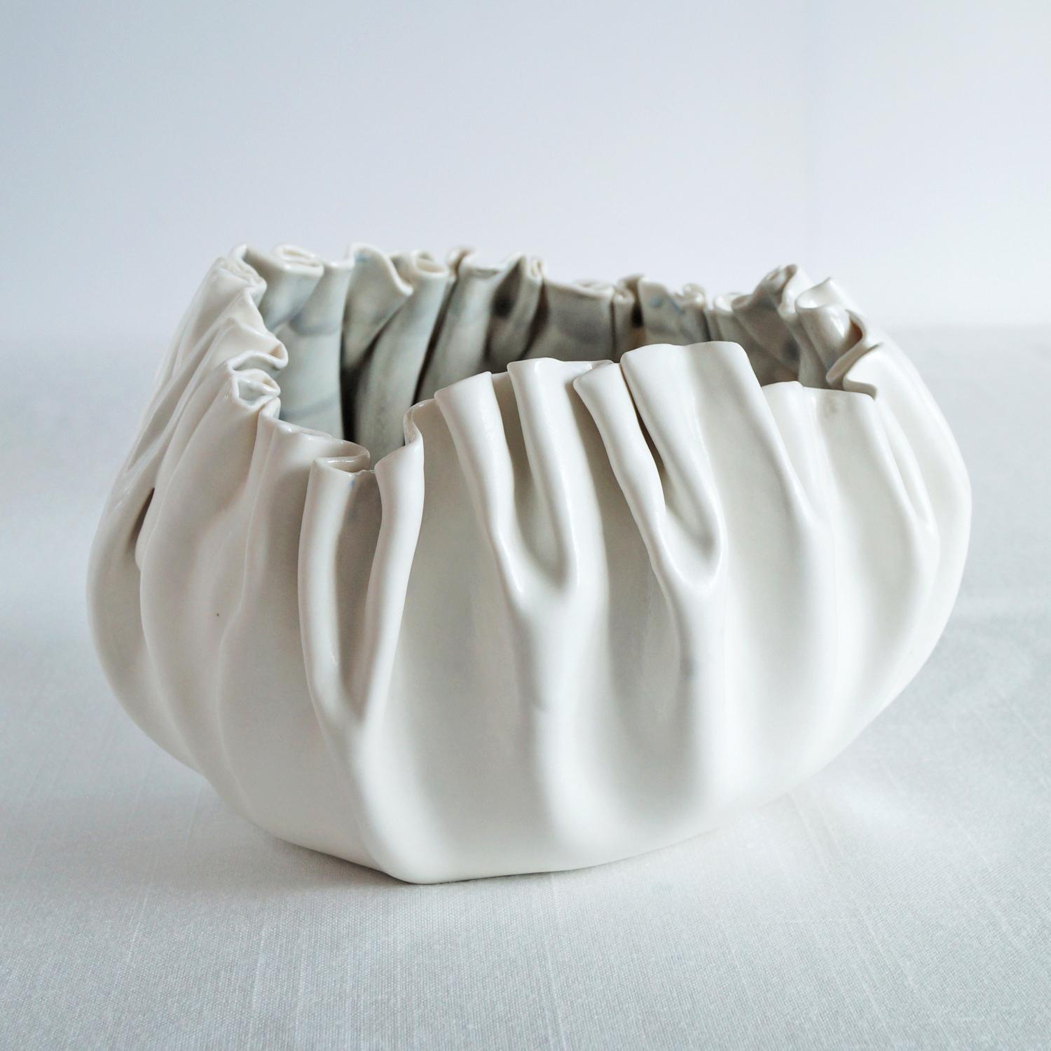 RUFFLED No7, white porcelain bowl, white artisan bowl, artistic bowl, freeform bowl, statement bowl, white fruit bowl, shelf 
