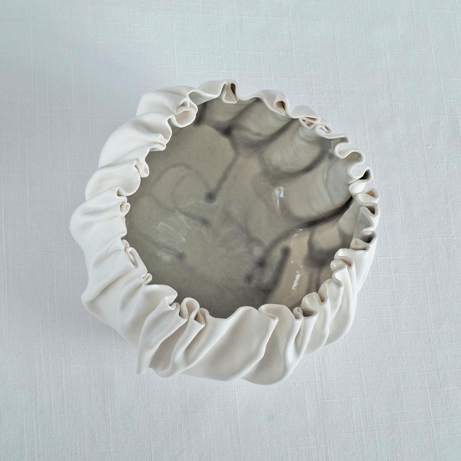 RUFFLED No7, white porcelain bowl, white artisan bowl, artistic bowl, freeform bowl, statement bowl, white fruit bowl, shelf 