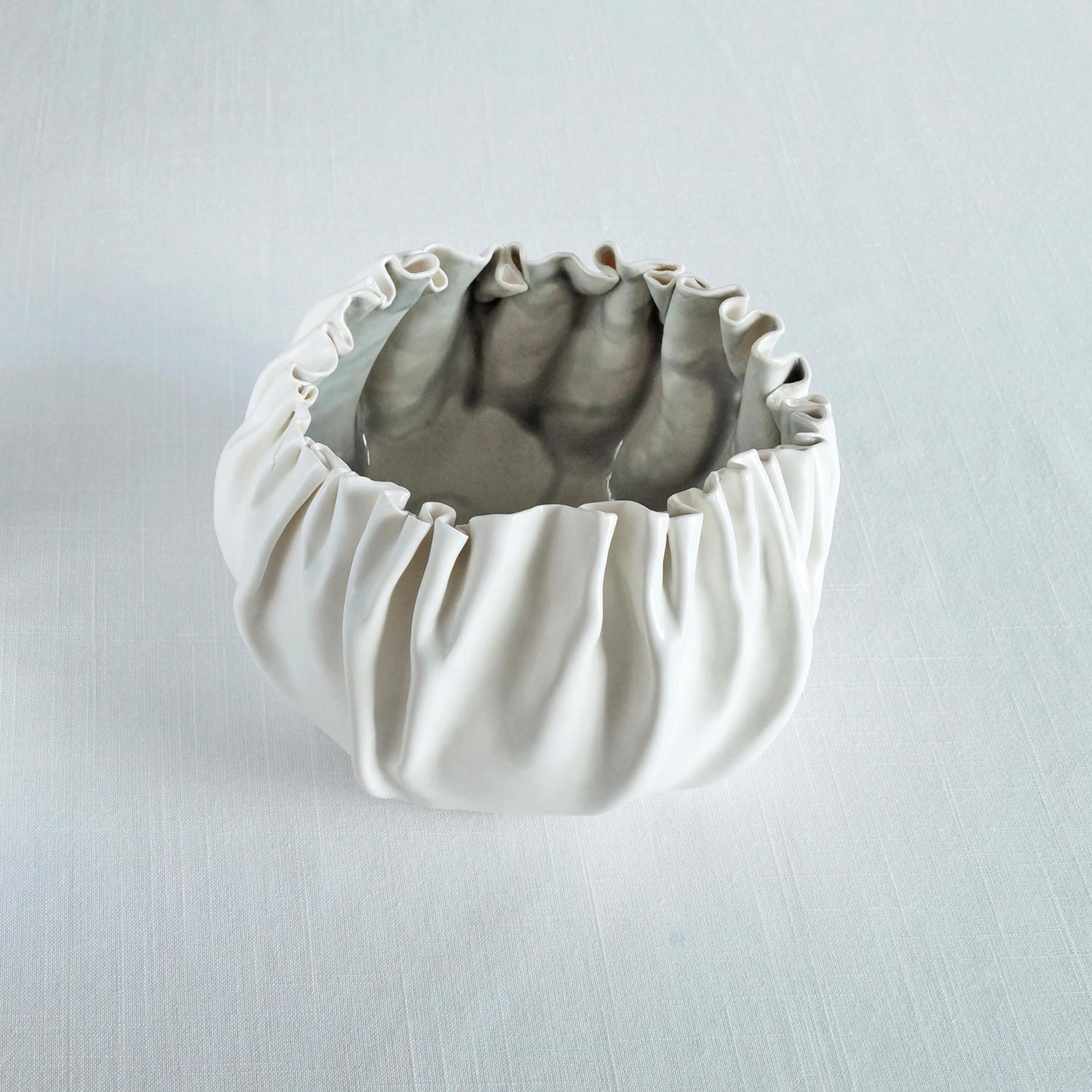 RUFFLED No7, white porcelain bowl, white artisan bowl, artistic bowl, freeform bowl, statement bowl, white fruit bowl, shelf 