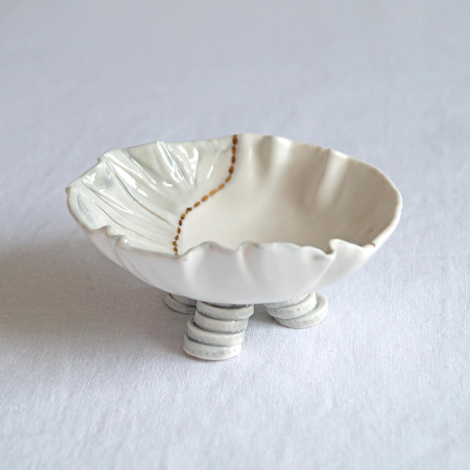 RUCHED No1, freeform bowl, porcelain jewellery bowl, white grey gold, VanillaKiln, UK, hand made jewellery dish, porcelain ri