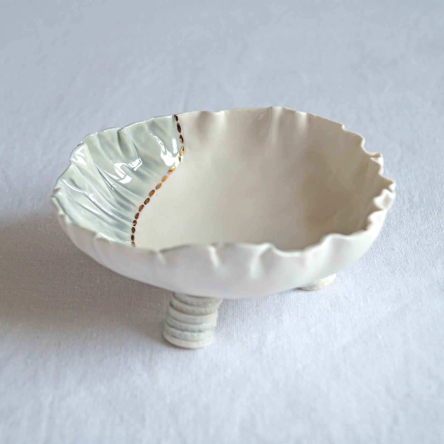 RUCHED No1, freeform bowl, porcelain jewellery bowl, white grey gold, VanillaKiln, UK, hand made jewellery dish, porcelain ri