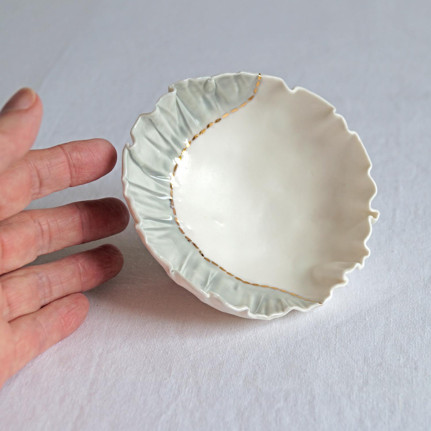 RUCHED No1, freeform bowl, porcelain jewellery bowl, white grey gold, VanillaKiln, UK, hand made jewellery dish, porcelain ri