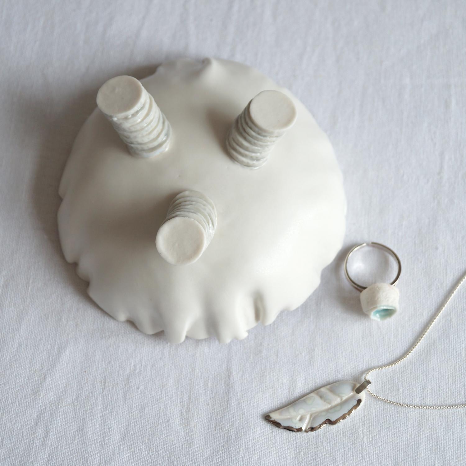 RUCHED No1, freeform bowl, porcelain jewellery bowl, white grey gold, VanillaKiln, UK, hand made jewellery dish, porcelain ri