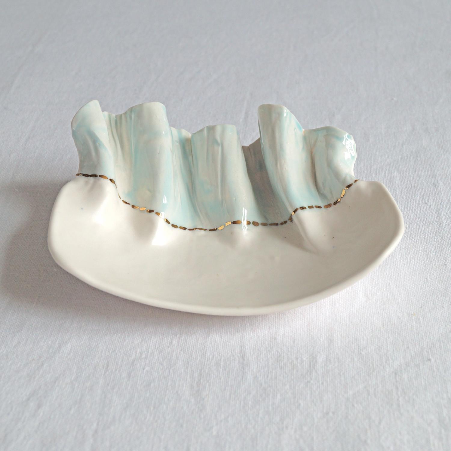 RUCHED No5, white porcelain, rectangular bowl, porcelain bowl, art bowl, ceramic bowl, blue, white, gold lustre, VanillaKiln,