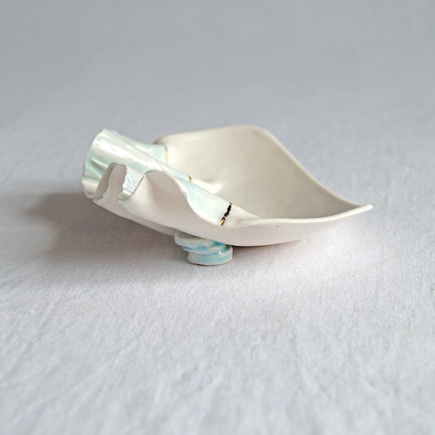 RUCHED No5, white porcelain, rectangular bowl, porcelain bowl, art bowl, ceramic bowl, blue, white, gold lustre, VanillaKiln,