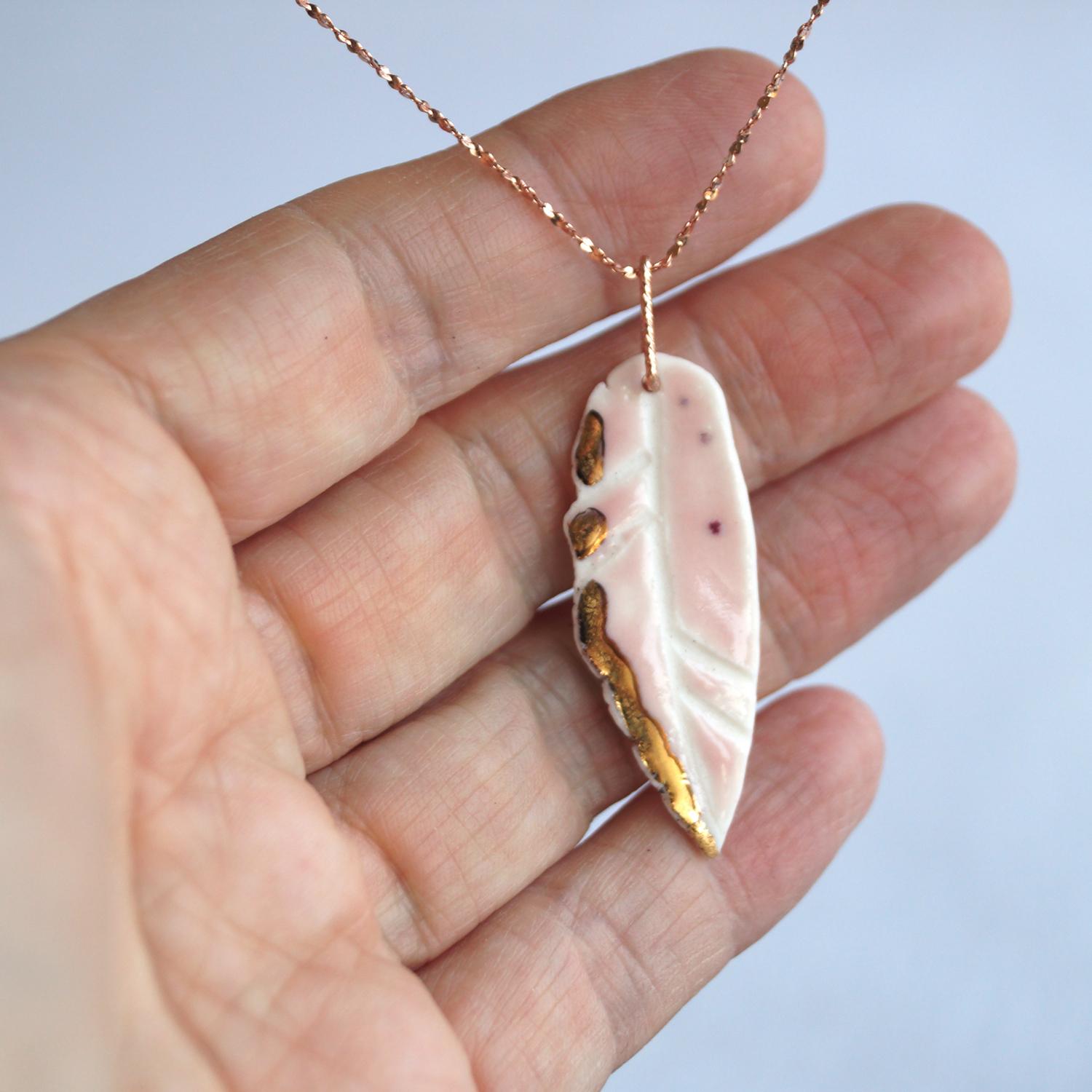 Blush pink porcelain feather necklace rose gold chain Vanillakiln