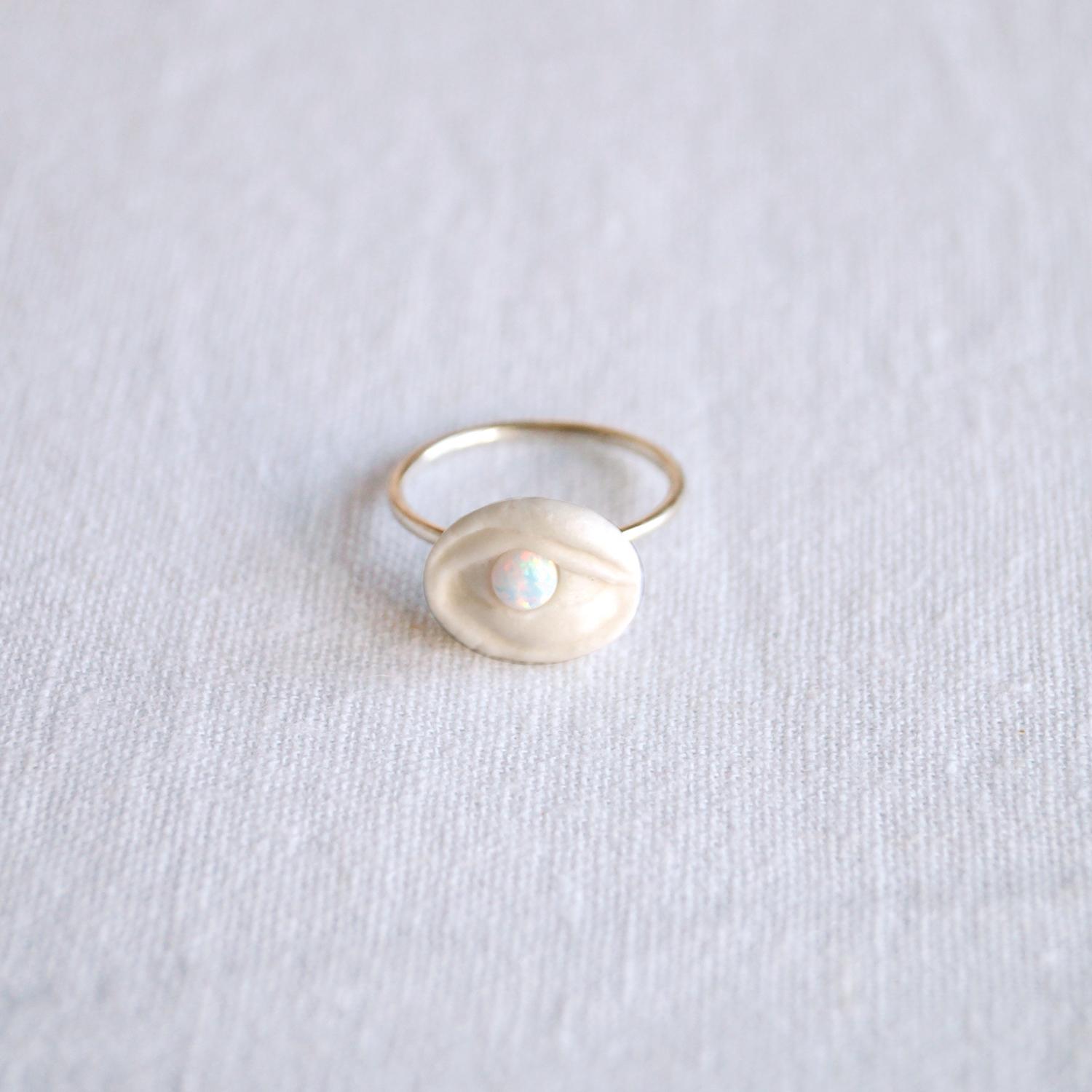 Mystic, eye light, ring, porcelain eye, opal, silver, VanillaKiln, evil eye ring, opal eye ring, ceramic ring, porcelain ring