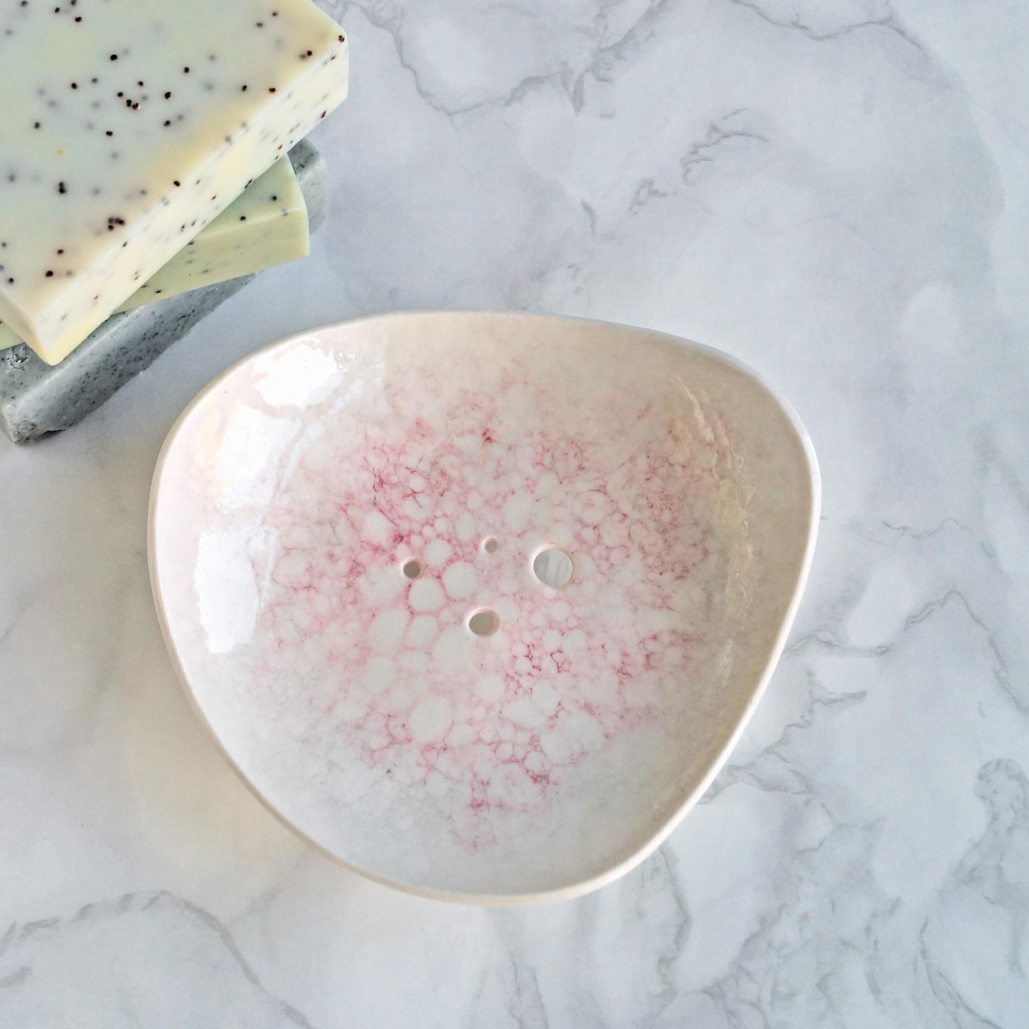PEBBLE soap dish, white porcelain, drain holes, pink white, bubble glaze, bathroom accessories, coastal decor, porcelain soap dish, bubble soap dish, pretty soap dish, VanillaKiln, 