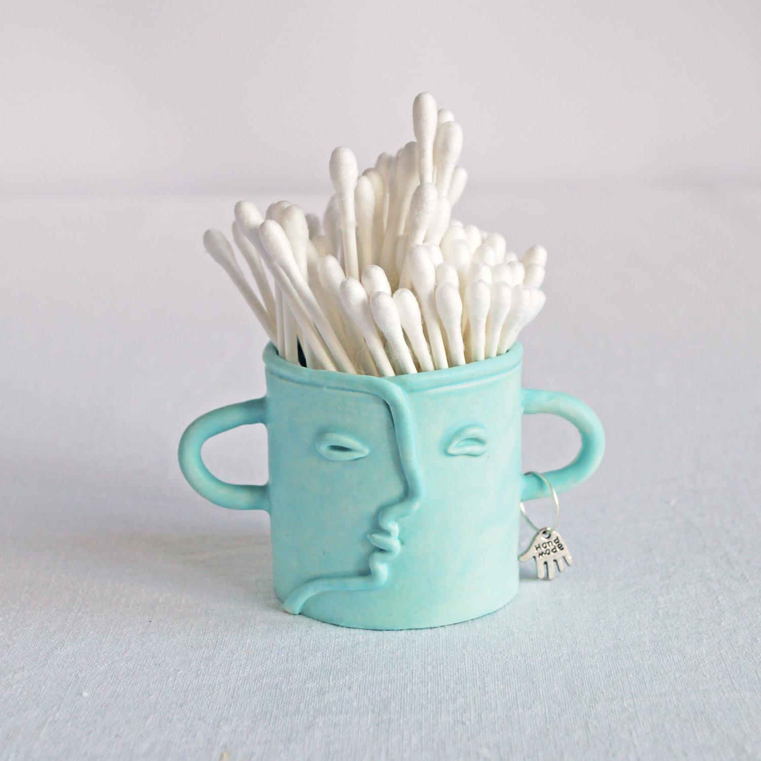 Buddy, cotton bud holder, choose pastel colour, white, mint, orange, pink, grey, porcelain face, ceramics with faces, face te