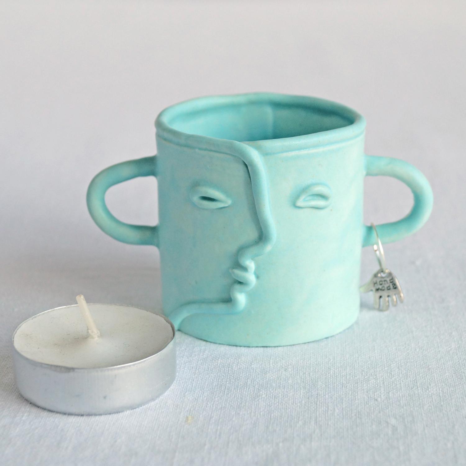 Buddy, cotton bud holder, choose pastel colour, white, mint, orange, pink, grey, porcelain face, ceramics with faces, face te