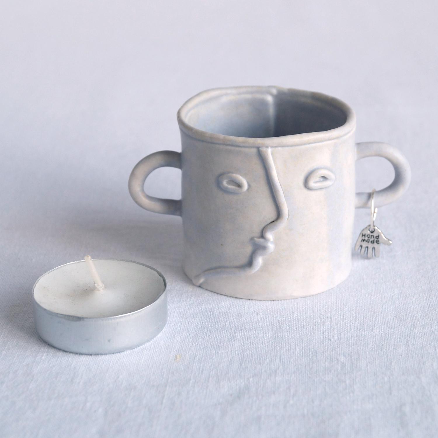 Buddy, cotton bud holder, tea light holder, white, mint, orange, pink, grey, porcelain, face, ceramics with faces, face teali