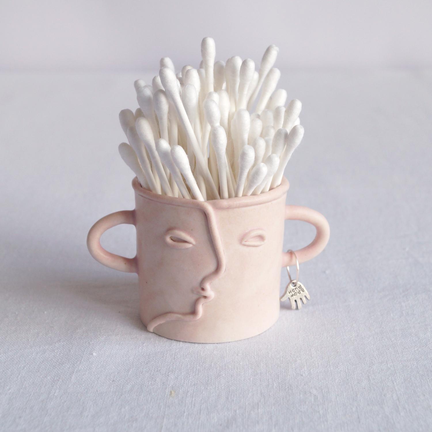 Buddy, cotton bud holder, choose pastel colour, white, mint, orange, pink, grey, porcelain face, ceramics with faces, face te