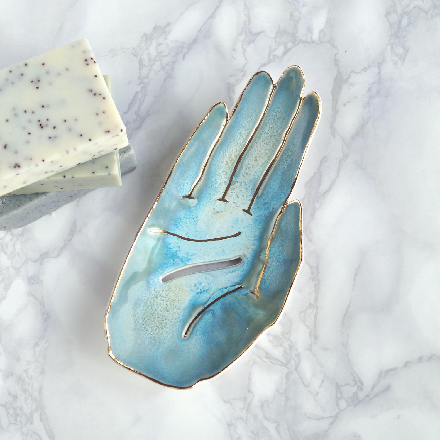 ceramic, HAND soap dish, white porcelain, aqua soap dish, Vanillakiln, UK, porcelain hand, ceramic hand, aqua soap dish, drai