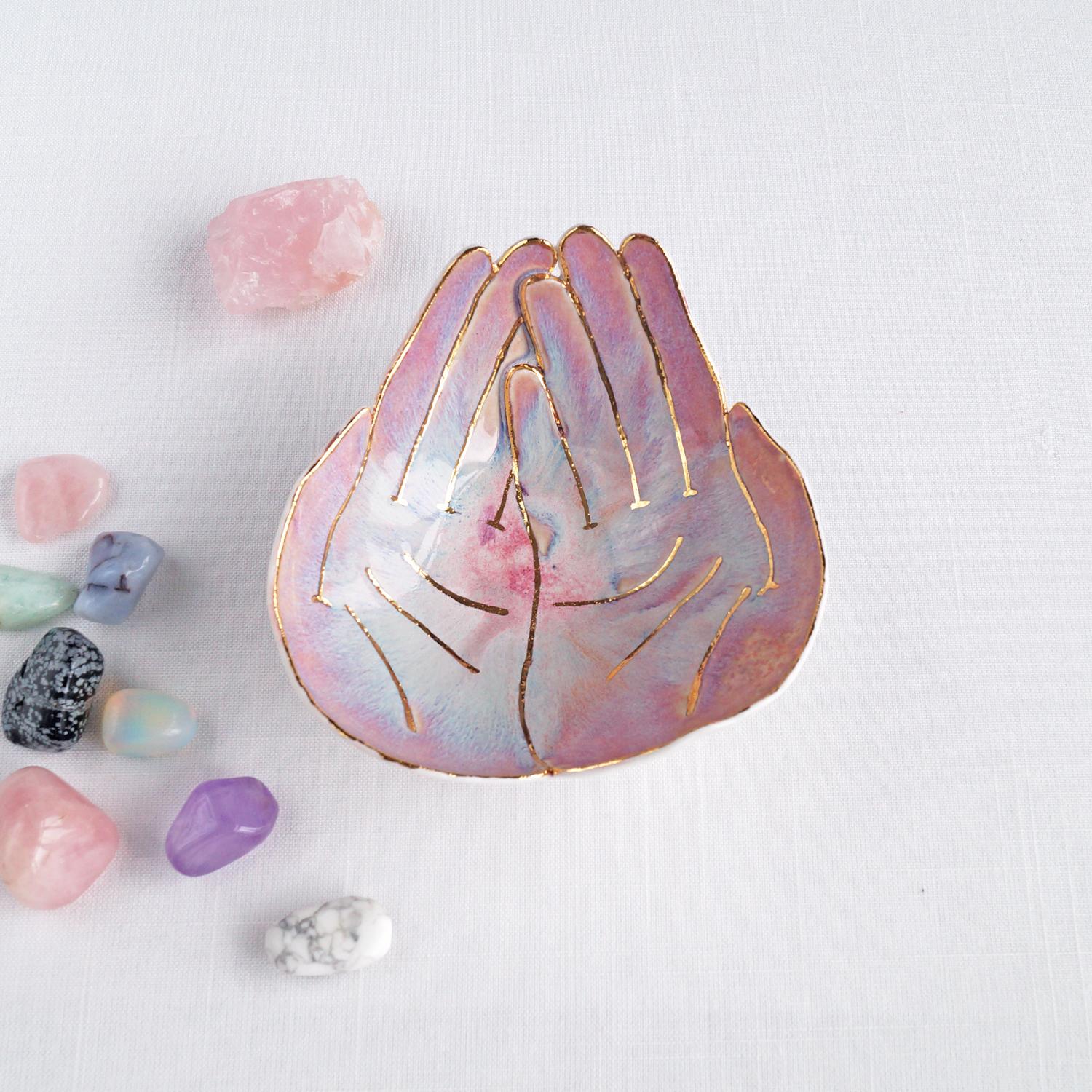 Luxury, OFFERING hands, ceramic bowl, white porcelain, soft red glaze, carat, gold lustre, lustre ware, Vanillakiln, uk, crys
