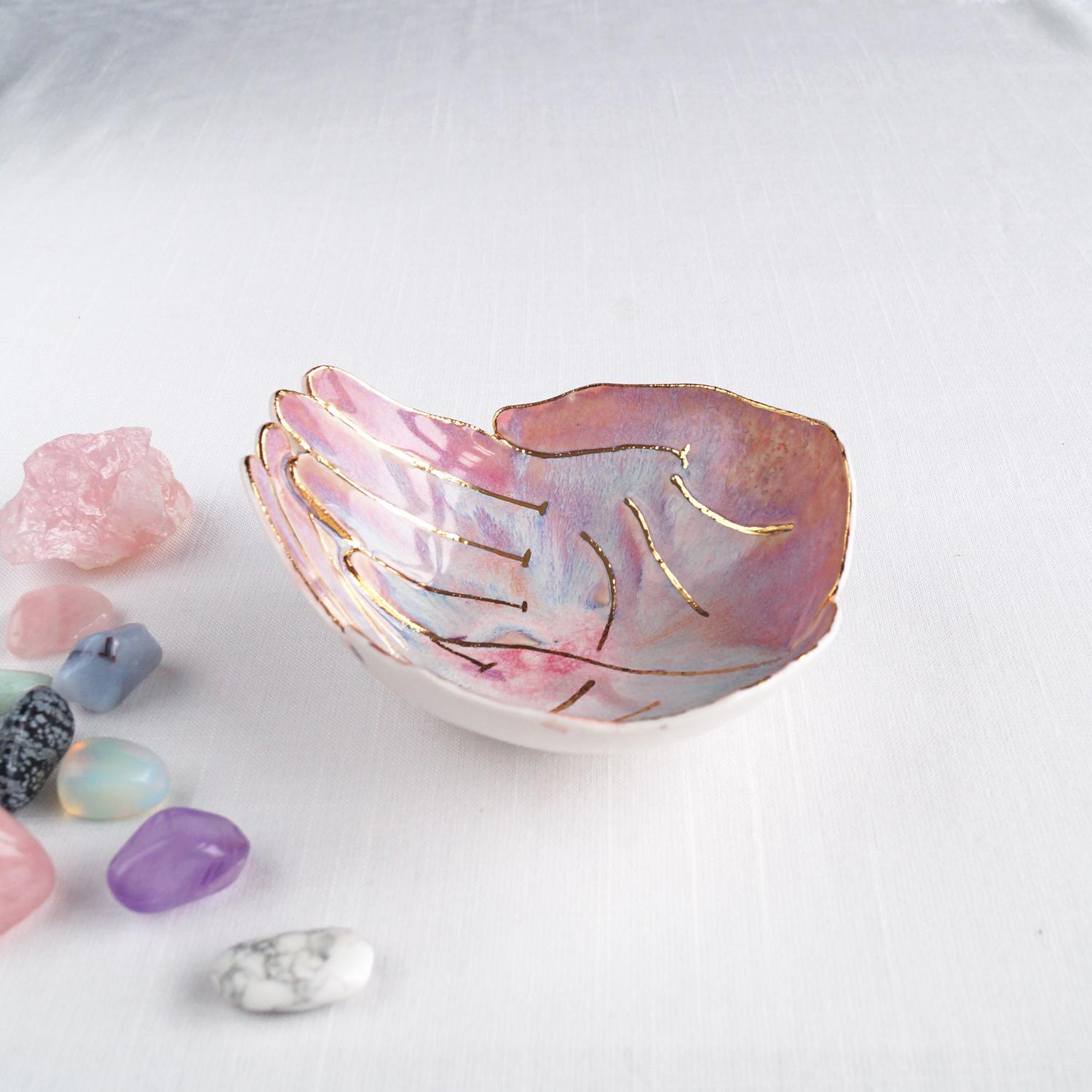 Luxury, OFFERING hands, ceramic bowl, white porcelain, soft red glaze, carat, gold lustre, lustre ware, Vanillakiln, uk, crys