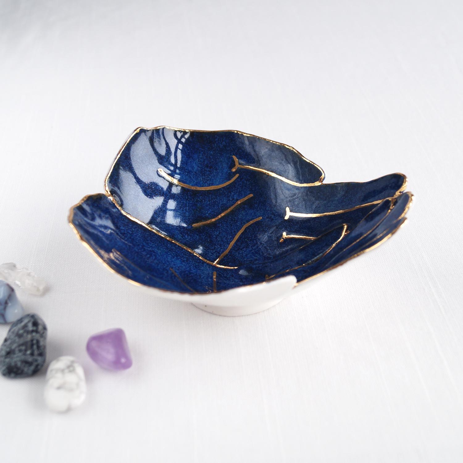 OFFERING hands, ceramic bowl, white porcelain, midnight blue, carat, gold lustre, lustre ware, Vanillakiln, uk, crystal stora