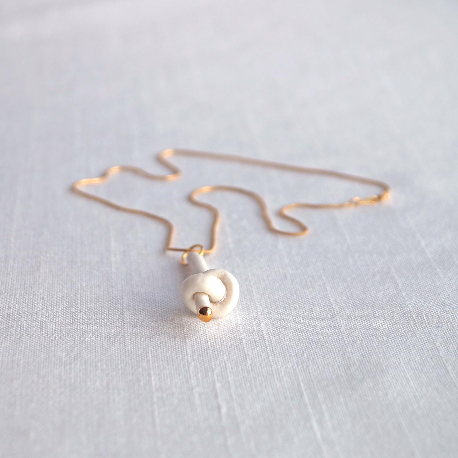 Love KNOT necklace, porcelain knot necklace, love knot, white porcelain necklace, gold heart necklace, 24 k gold lustre, whit