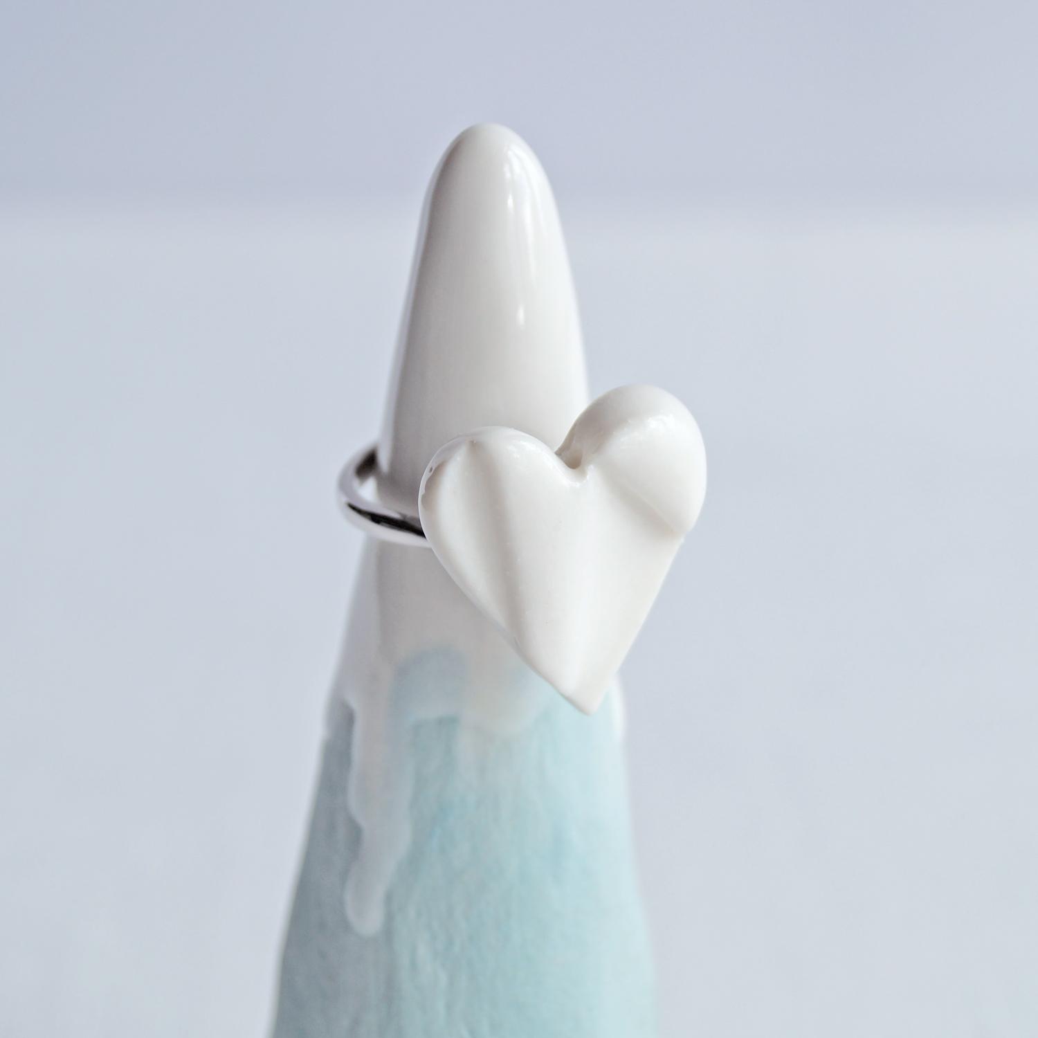 White porcelain heart ring, silver, VanillaKiln, UK, 18th wedding anniversary, porcelain gift, Valentines day gift, porcelain