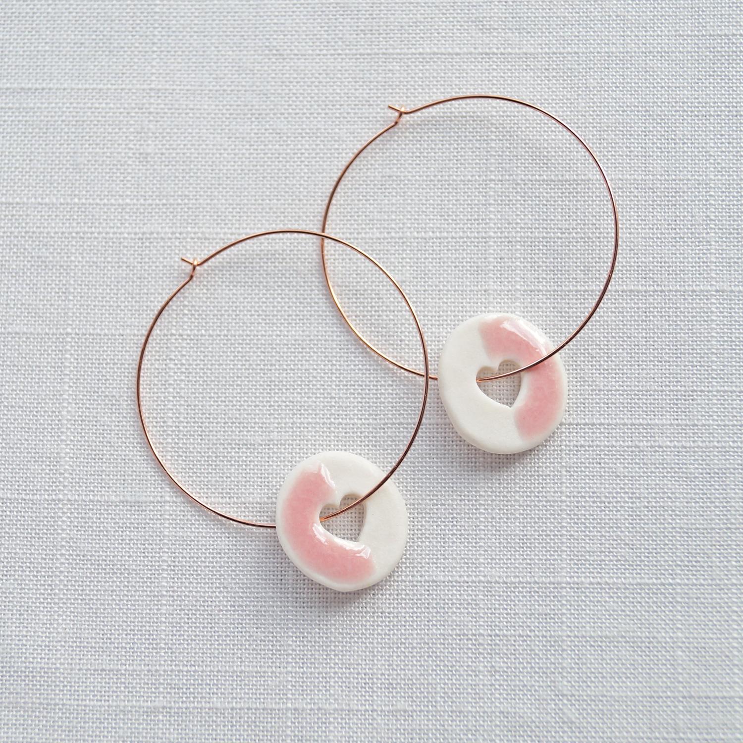 HEART hoops, heart hole earrings, rose gold, beaded hoops, rose gold hoops, hoop earrings, pink, white porcelain, heart hoops