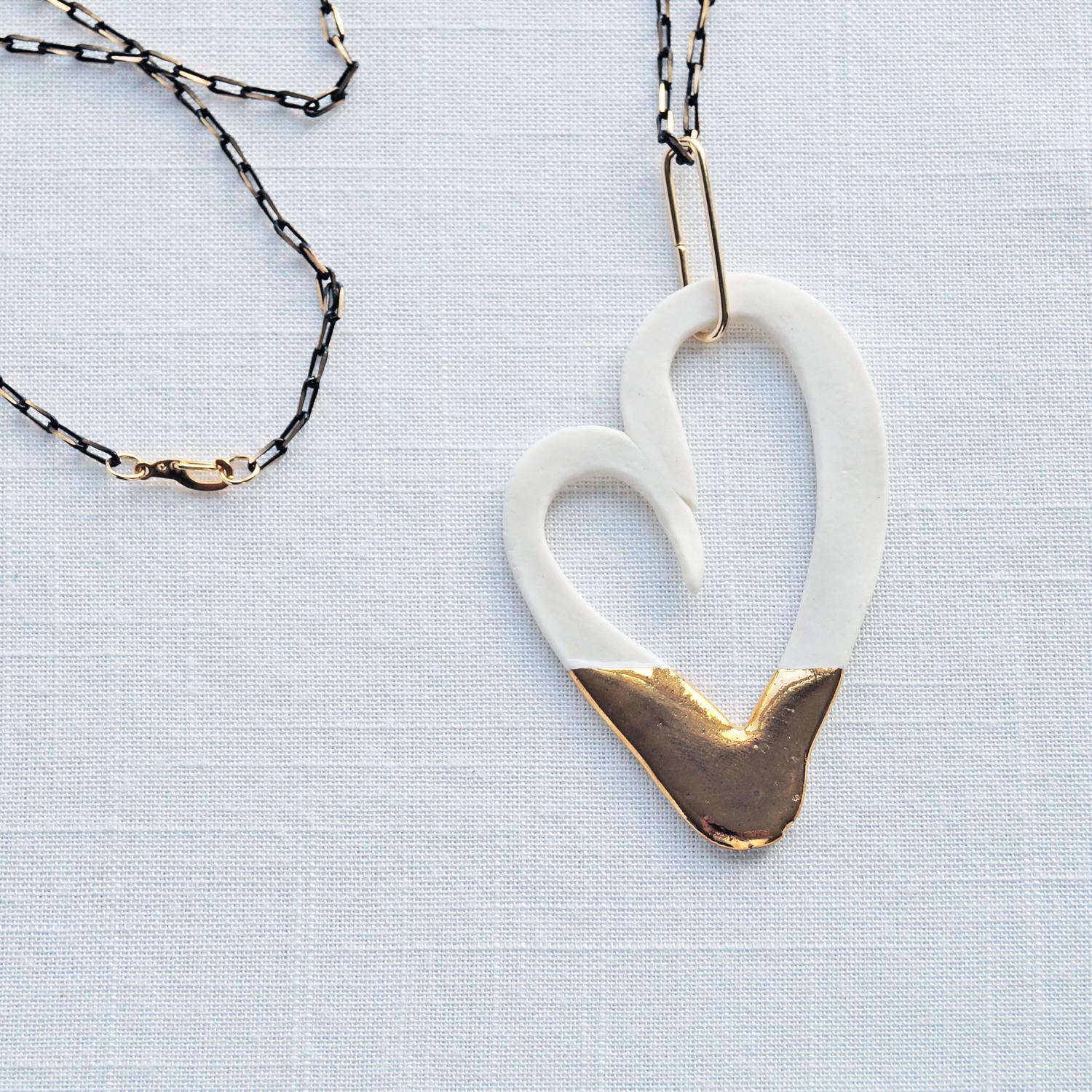Gold DIPPED porcelain heart necklace, 24 k gold lustre, long contemporary necklace, freeform heart, open heart pendant, gold 