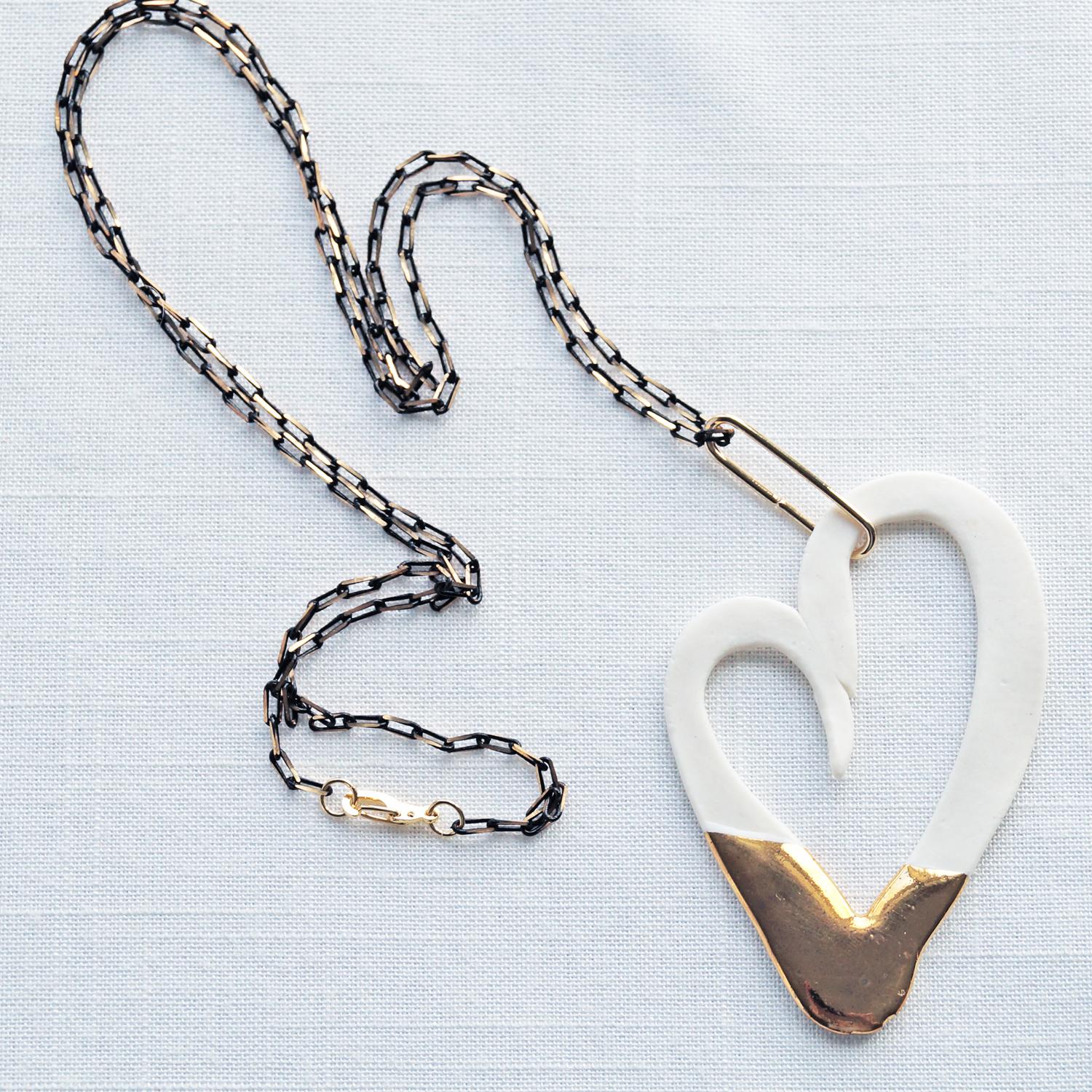 Gold DIPPED porcelain heart necklace, 24 k gold lustre, long contemporary necklace, freeform heart, open heart pendant, gold 