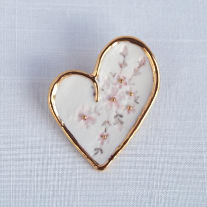 Porcelain embroidery HEART brooch, white pink porcelain, 24 k gold lustre, white porcelain brooch, embroidery impressed porce