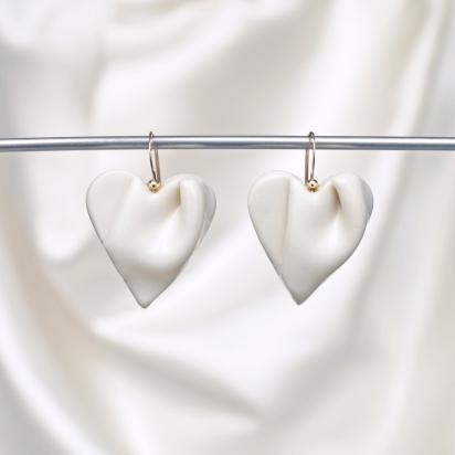 Draped heart earrings, gold fill wires, satin white glaze, pierced ears, 18th wedding anniversary gift, Valentine's day gift,